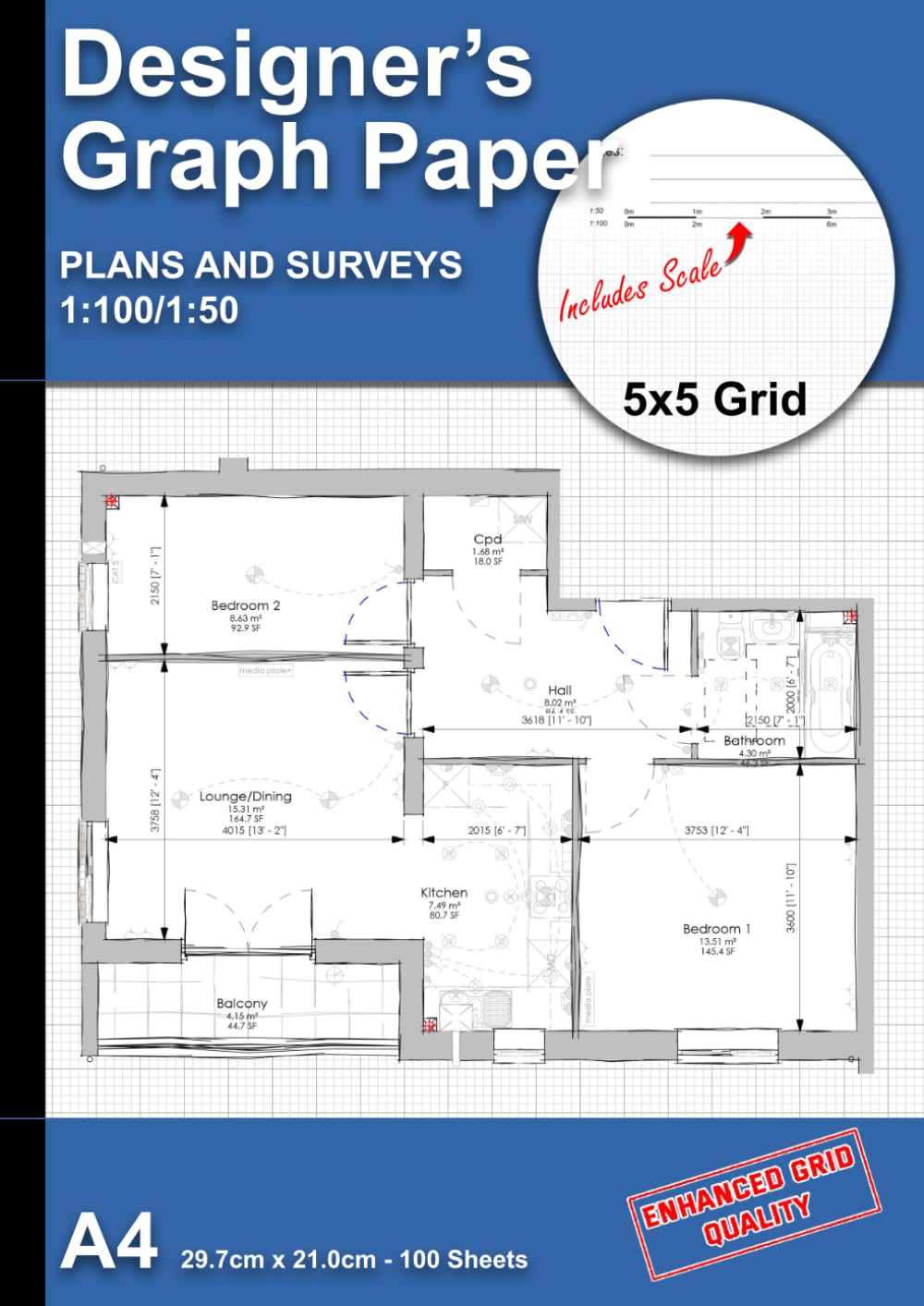 Designers A4 Graph Paper (5x5 Grid-Scale 1:100/1:50): Plan, Survey and Sketching for all Architectural and Engineering Designers. Also suitable for occasional users.