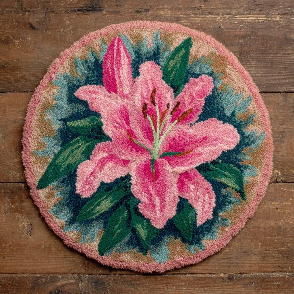 AMBATTERY Round Shape Latch Hook Kits Rug,Lily Flowers