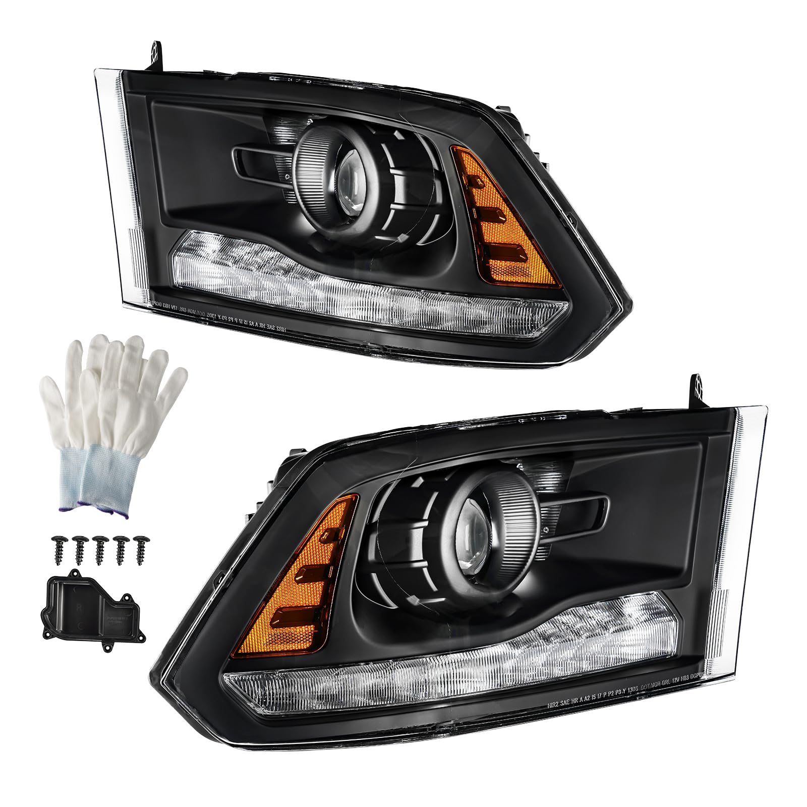 Headlight Assembly Pair Compatible with 1500 2016-2018, 2500 2016-2022, 1500 Classic 2019-2022, 3500 2016-2022 Reflector Amber Lens Clear Housing Black