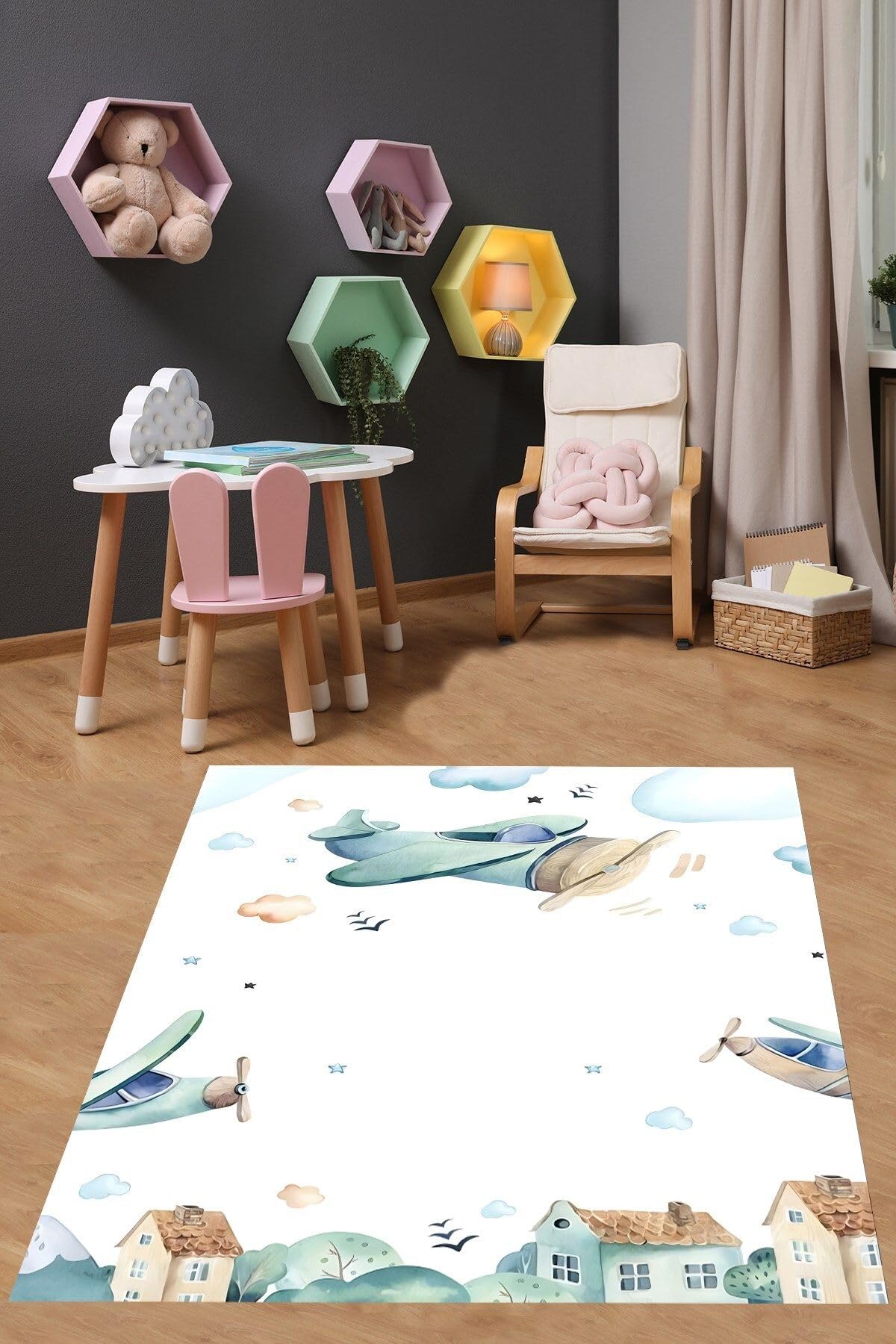 Pelangi Uçaklar Bulutlar Yıldızlar Yıkanabilir Kaymaz Taban Leke Tutmaz Çocuk Odası Halısı, Beyaz 80 x 600, 7642010708060005