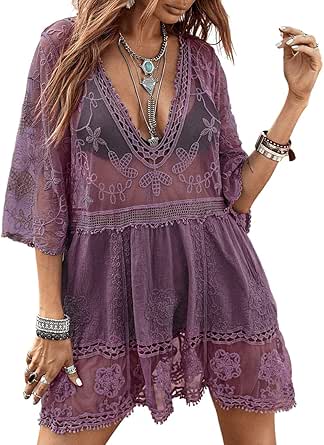 Womens Lace Bathing Suit Cover Up V Neck Swimsuit Coverup Summer Swim - View #11