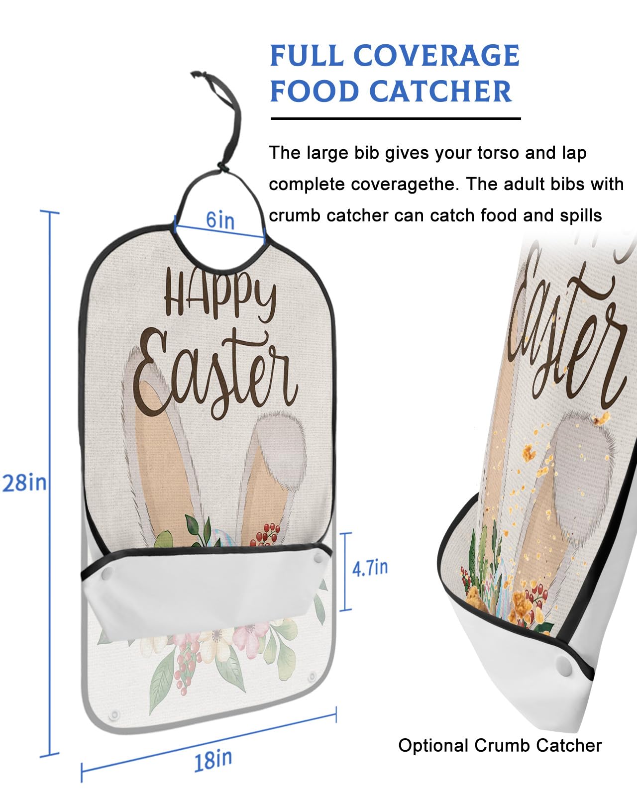 Spring Easter Adult Bibs for Eating, Waterproof Bibs with Food Catcher & Adjustable Snap Closure, Retro Bunny Ears Colorful Eggs Flower Washable Clothing Protectors Adult Bibs for Elderly Women/Men