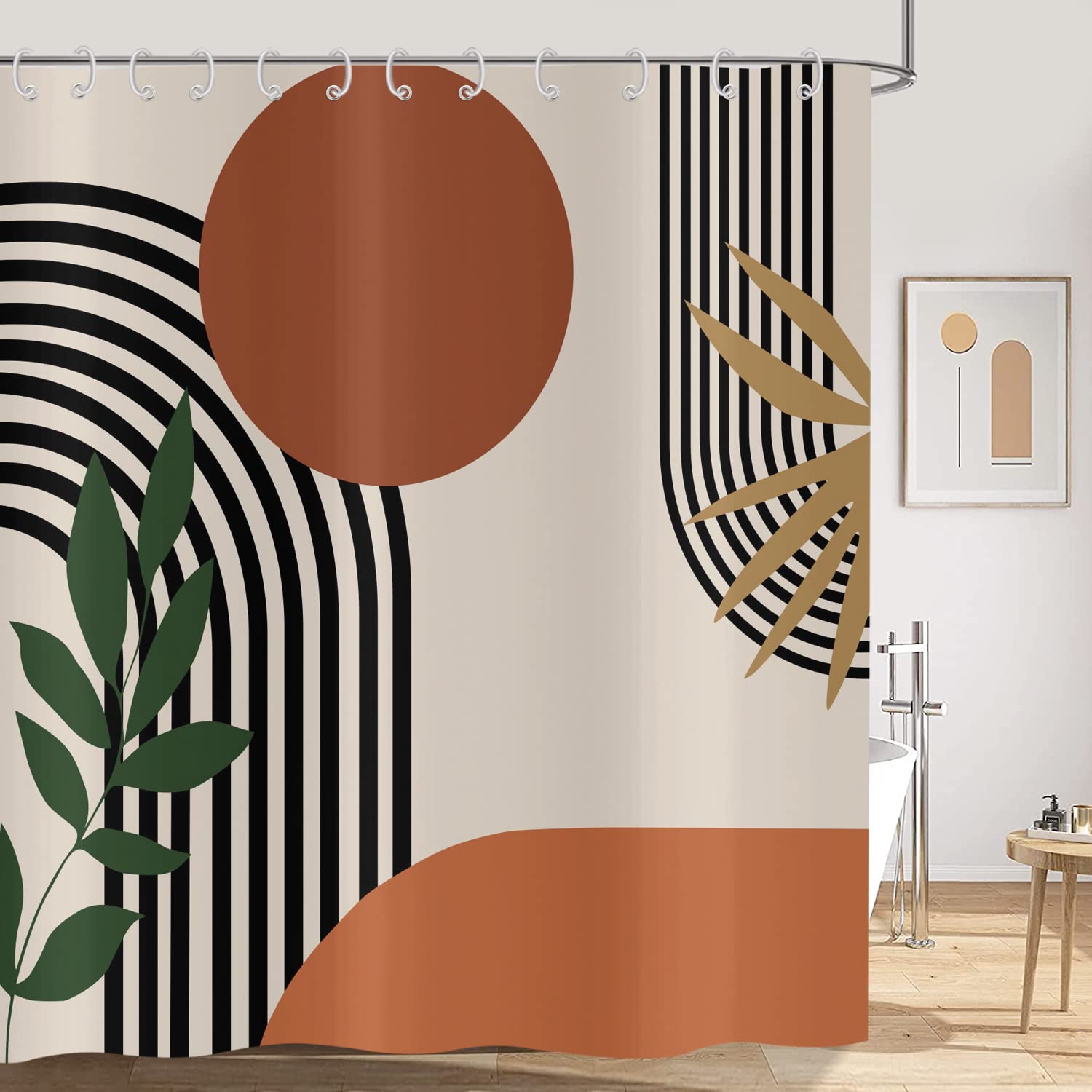 Boho Shower Curtain 200x180, Hnmdmyi Mid Century Abstract Green Leaf Arch Sun Orange Beige Bathroom Curtains Modern Minimalist Neutral Art Waterproof Polyester Fabric Washable Bath Curtains with Hooks