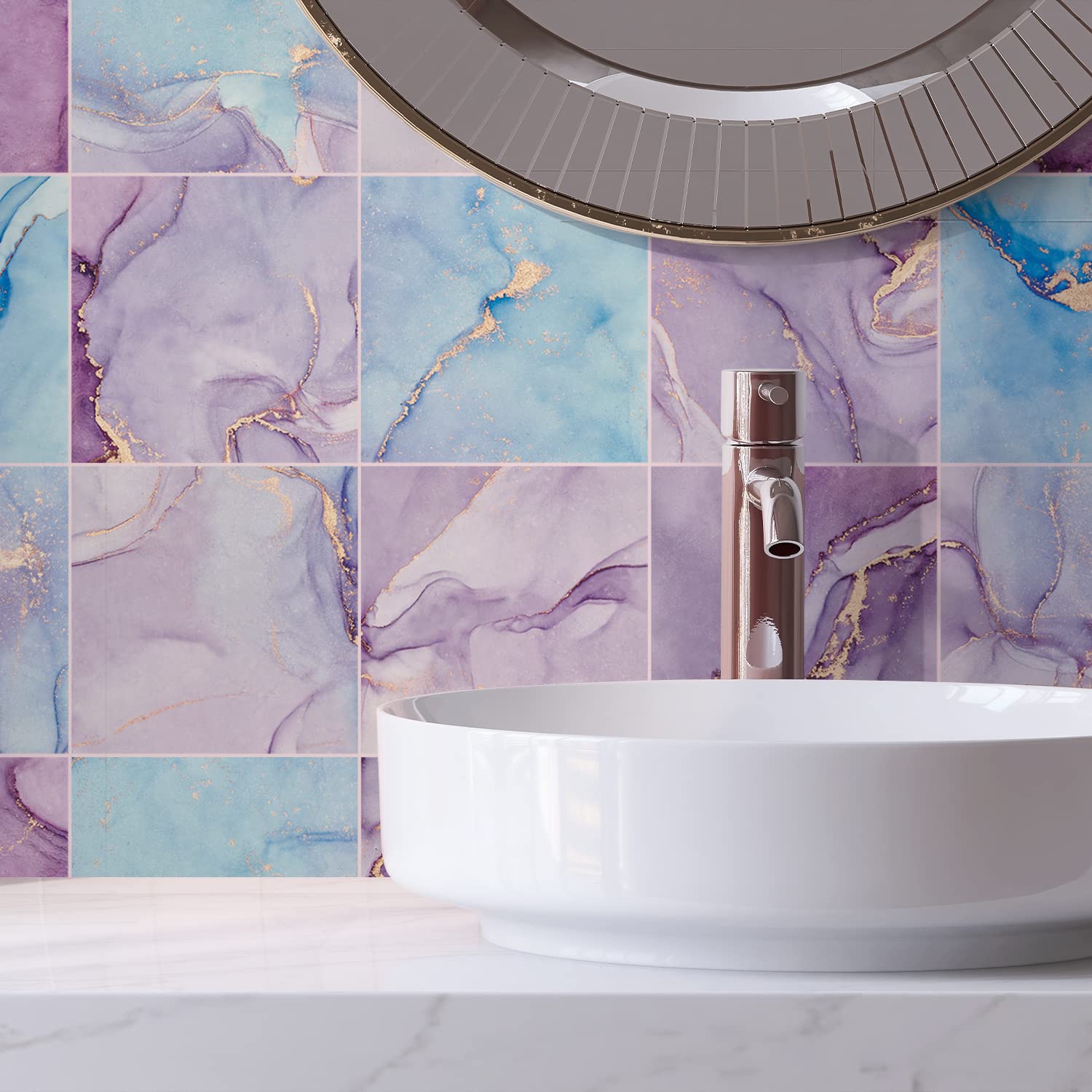 Alwayspon 24PcsX20cm/8inch Vinyl Wall Tile Sticker Transfer, Waterproof Sticky Back Tile Sticker for Kitchen Bathroom Self-adhesive Peel and Stick PVC Stick on Tile, Pink Marble Effect