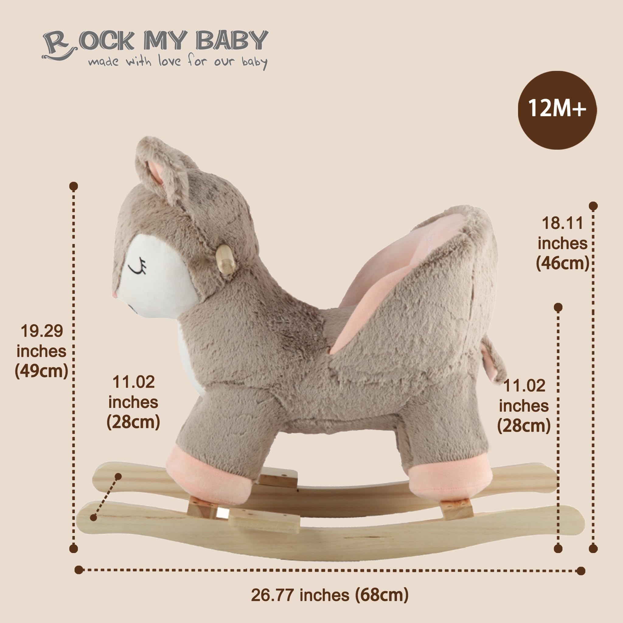 Cavallo a dondolo in peluche, corpo imbottito, sedia di sicurezza, sedia a dondolo in legno, pulsante musicale, giocattolo per bambini da 1 a 3 anni (cervo rosa)