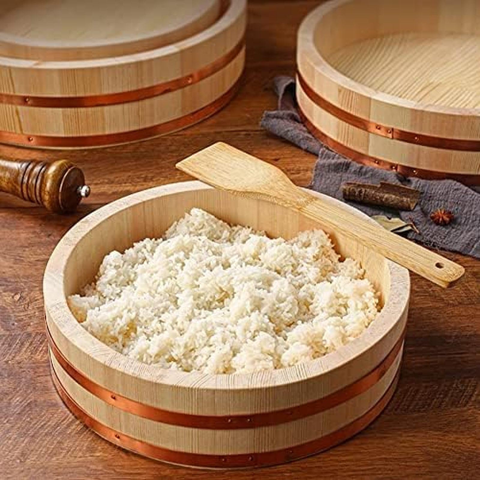 Hangiri - Recipiente para mezclar arroz y sushi de madera de pino, cuenco japonés con cuchara de madera, 12 unidades, 36 x 9 cm, perfecto para sushi auténtico
