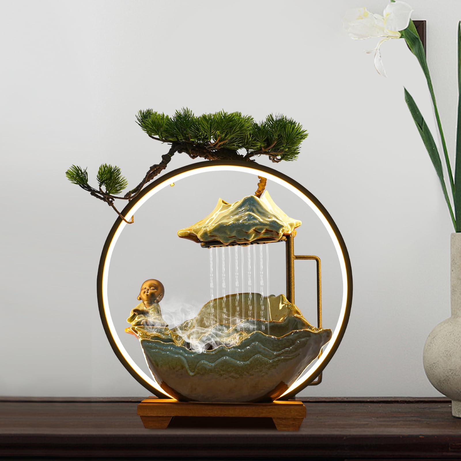 REHOUPTU Tabletop Water Fountain, Indoor Decoration Ornament, Desktop Water Fountain Decoration, Flowing Ornaments with Mist & Backflow Incense Holder for Meditation Planting