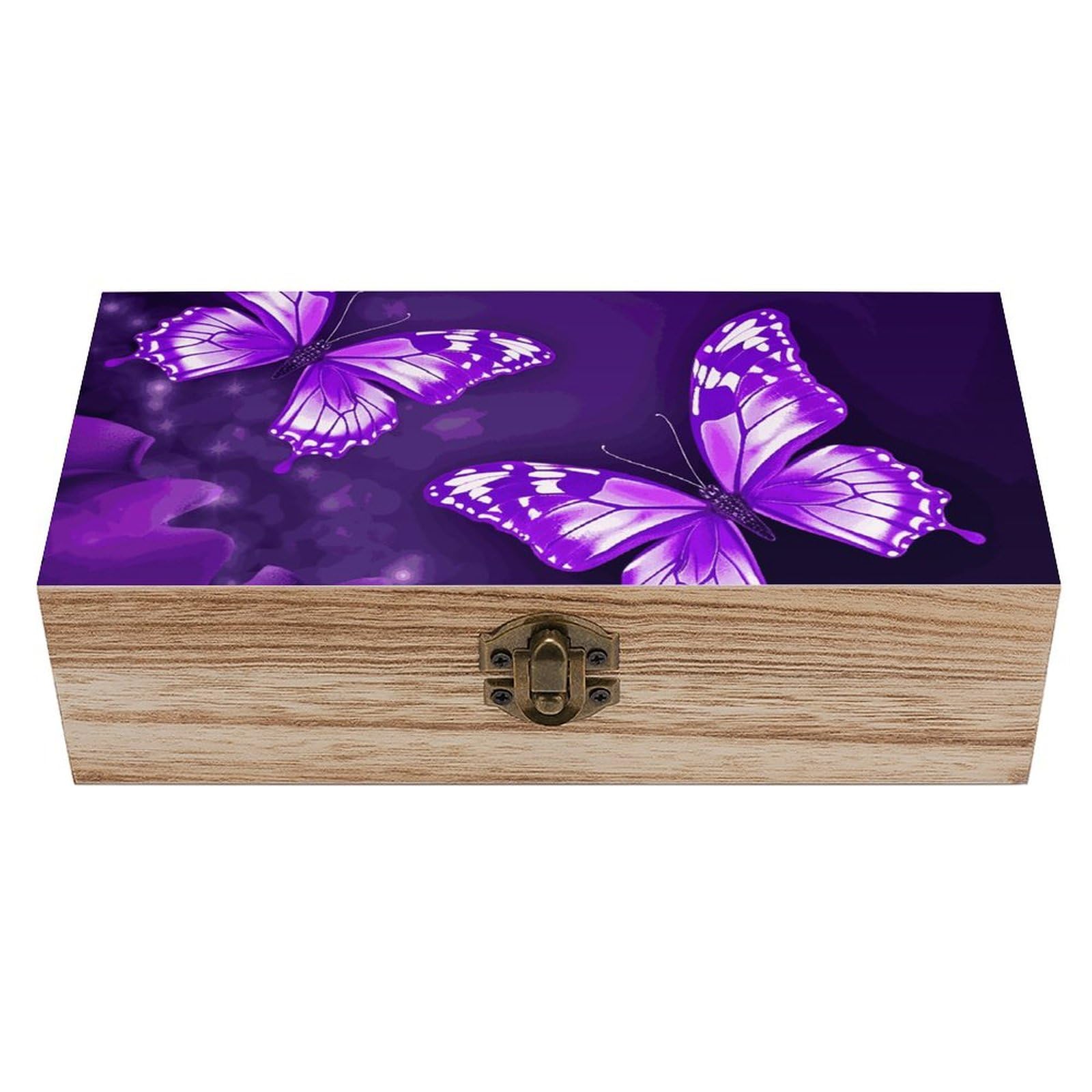 Boîte en bois artisanale avec papillons violets pour souvenirs précieux