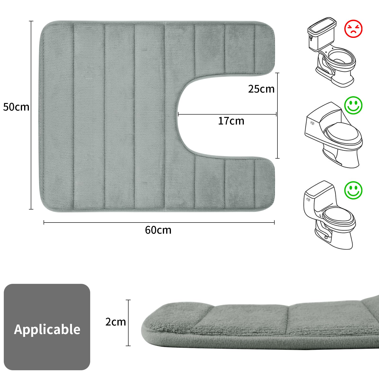 LUSCHEER Absorbent WC Toilet Rug Non-Slip U Shape Pedestal Mat Bath Mat - Image 2