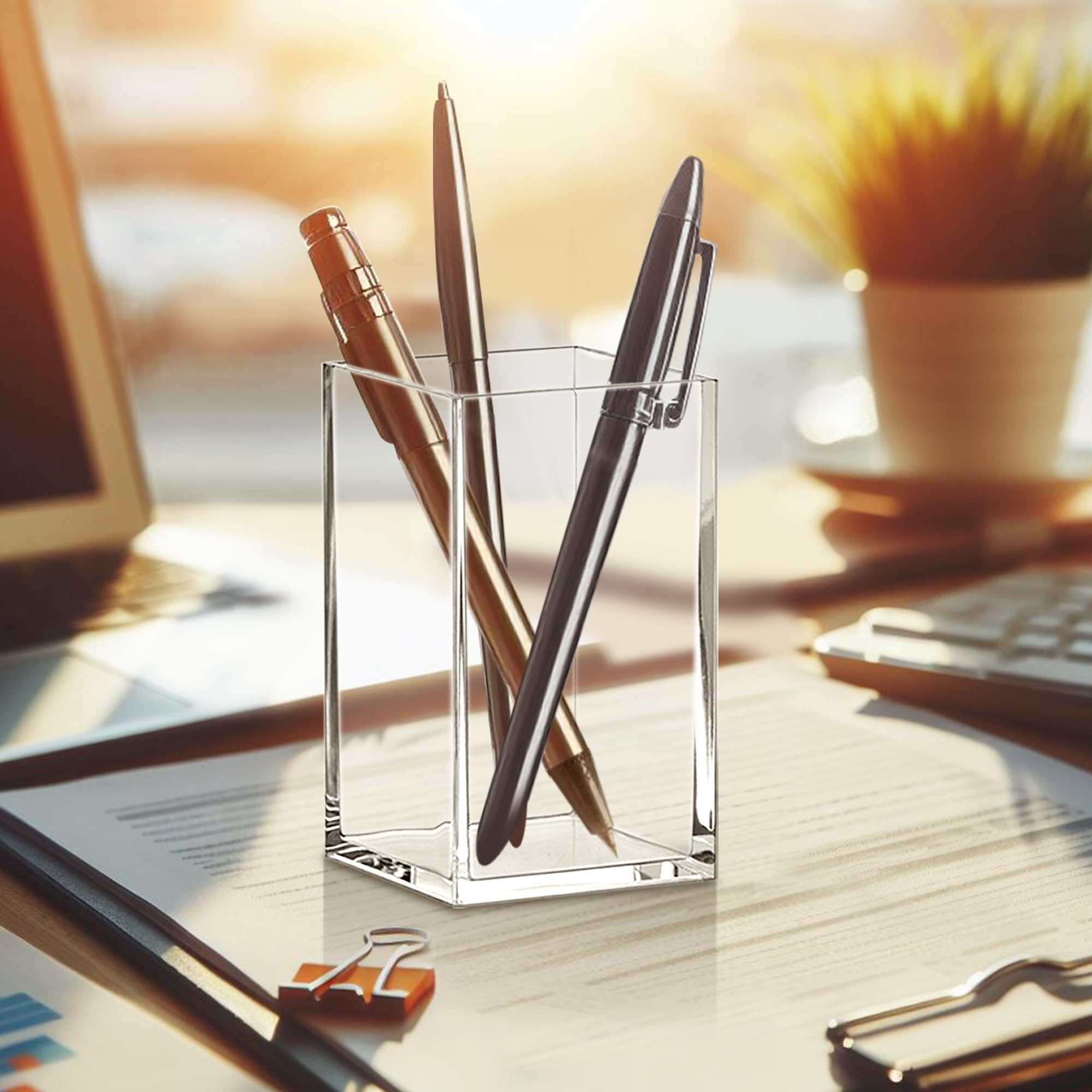 Amazing Abby - Penelope - 4-Pack Pen Holder, Acrylic Pen Holder, Clear Plastic Organizer for Office Supplies, Perfect Office Desktop Storage Solution for Pencils, Pens, Markers, Scissors, and More