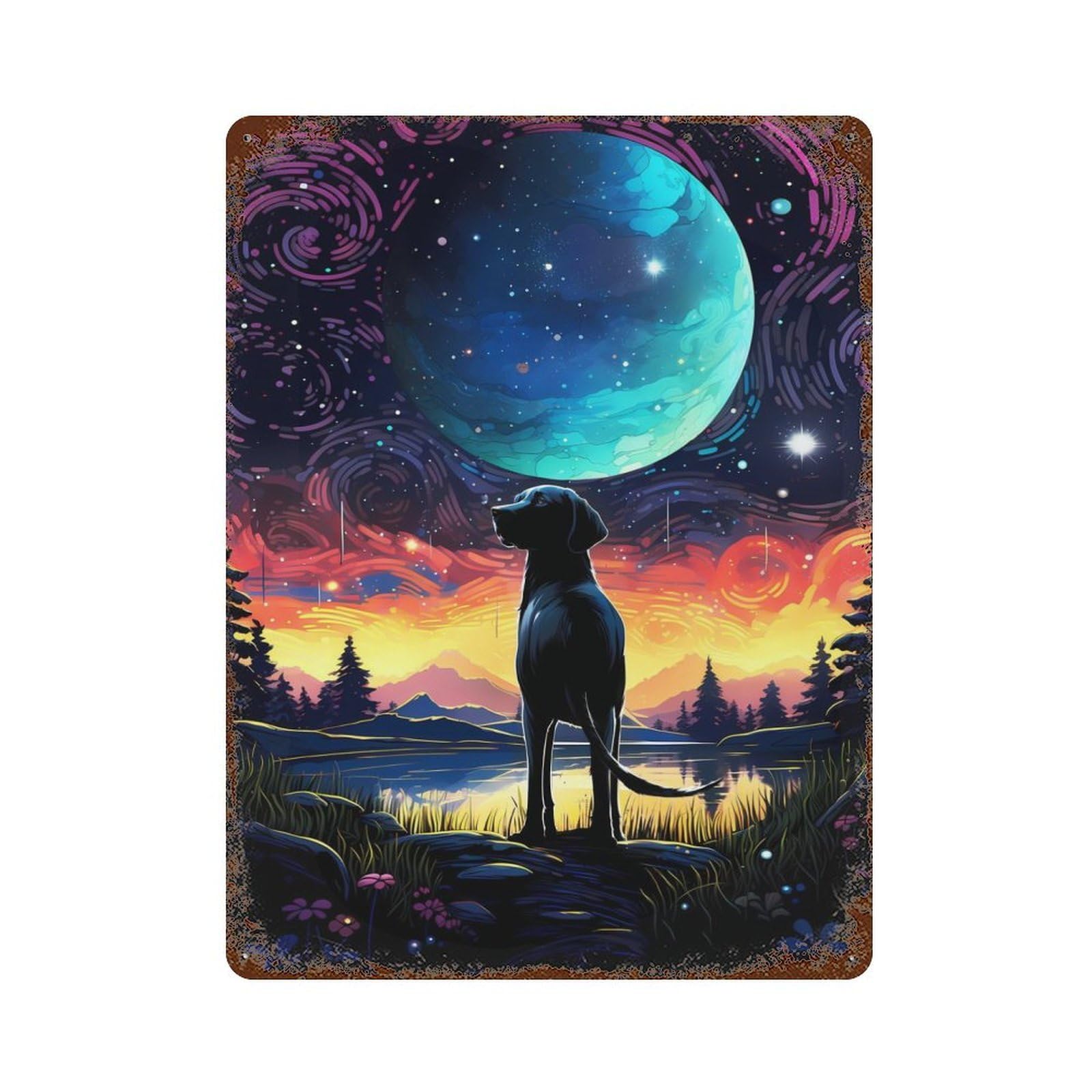 Starry Night Dog Rust Effect Tin Sign 15.7"x11.8", for Bistro, Counter And Cafe Decor, Shabby Chic Decor