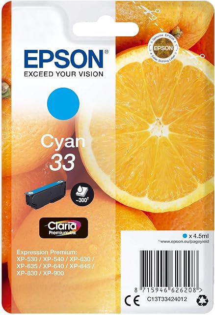 Epson 33 Cyan Oranges, Genuine, Claria Premium Ink, Standard Capacity