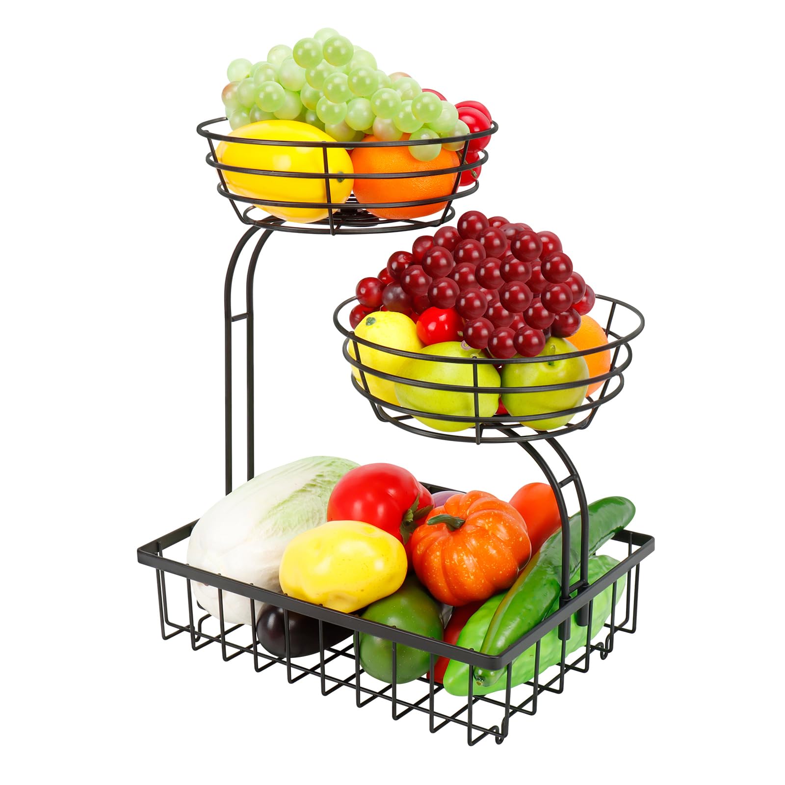 Winmien Black 3 Tier Countertop Fruit Vegetable Basket Bowl Storage, Solid Metal Kitchen Counter Organizer For Storing Fruits, Veggies, Bread, Snacks (Black)