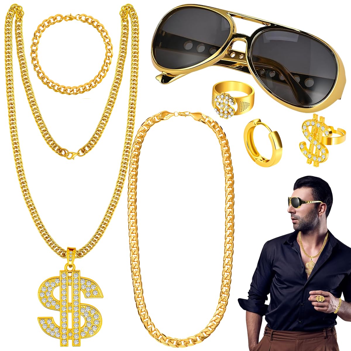 Doodlewitz 7Pcs Hip Hop Party Decorations, Fake Gold Chain, Gold Chain Dollar, 90s Fancy Dress Men, Hip Hop Costume