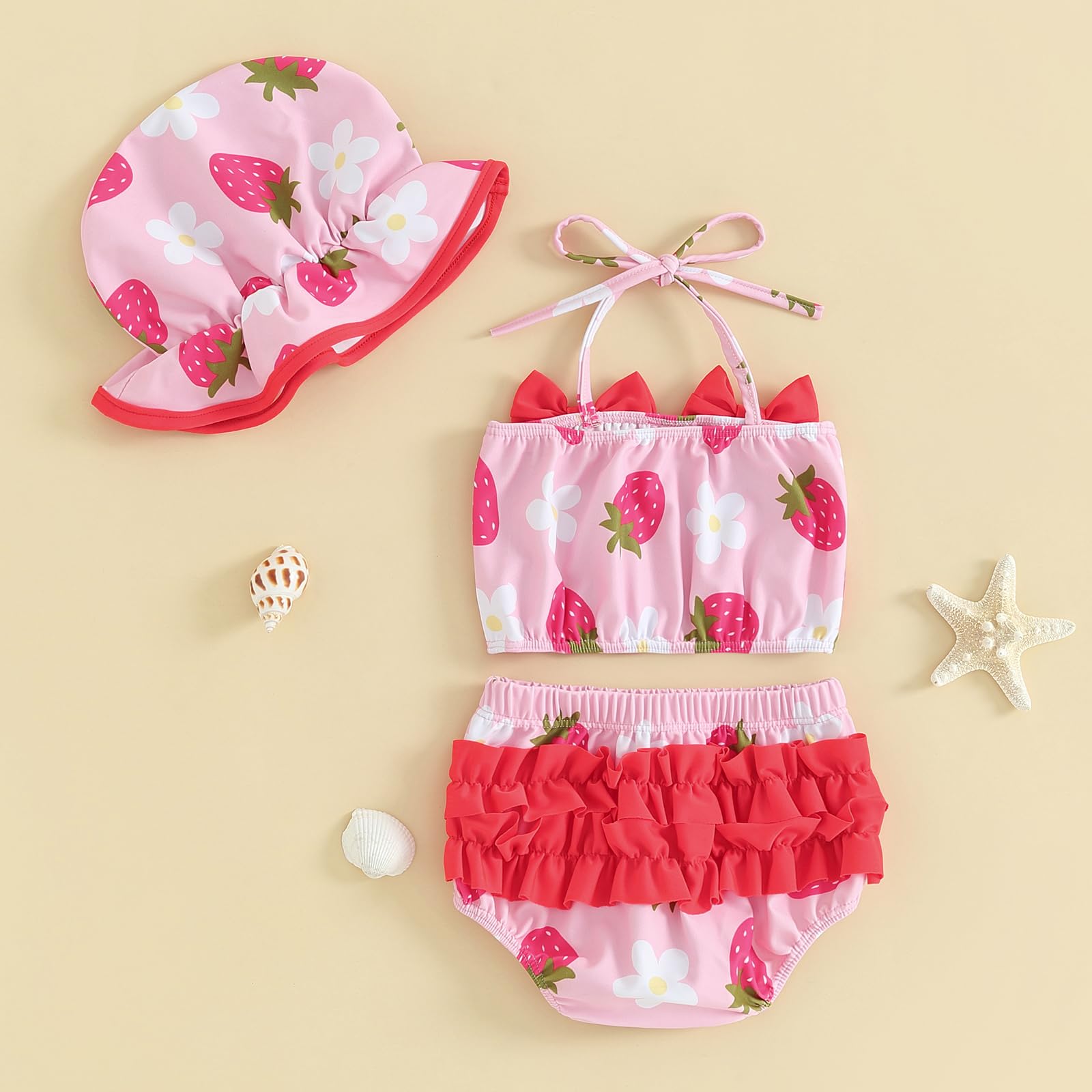 3 Pezzi Costume da Bagno Neonata Bikini Set Bambina Estate Stampa Fragola/Sirena Top Senza Manica+Fondo+Cappello Completo da Mare Spiaggia