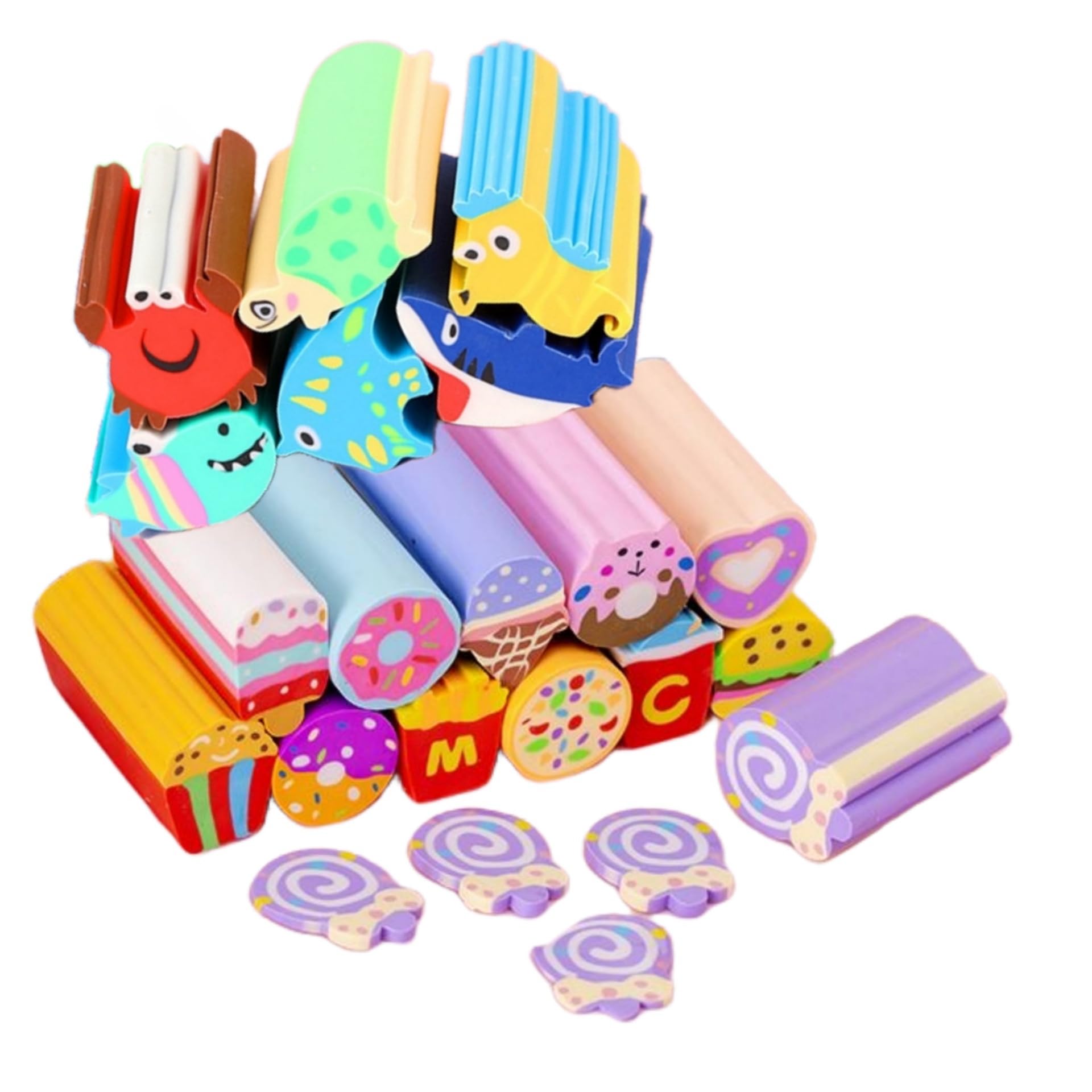 Cartoon Erasers for Kids - 18-Piece 3D Cute Eraser Set with 3 Themes: Candy, Ocean, and Hamburger - 5cm Super Thick Erasers, Easy to Slice - Fun & Functional Stationery for School & Crafting