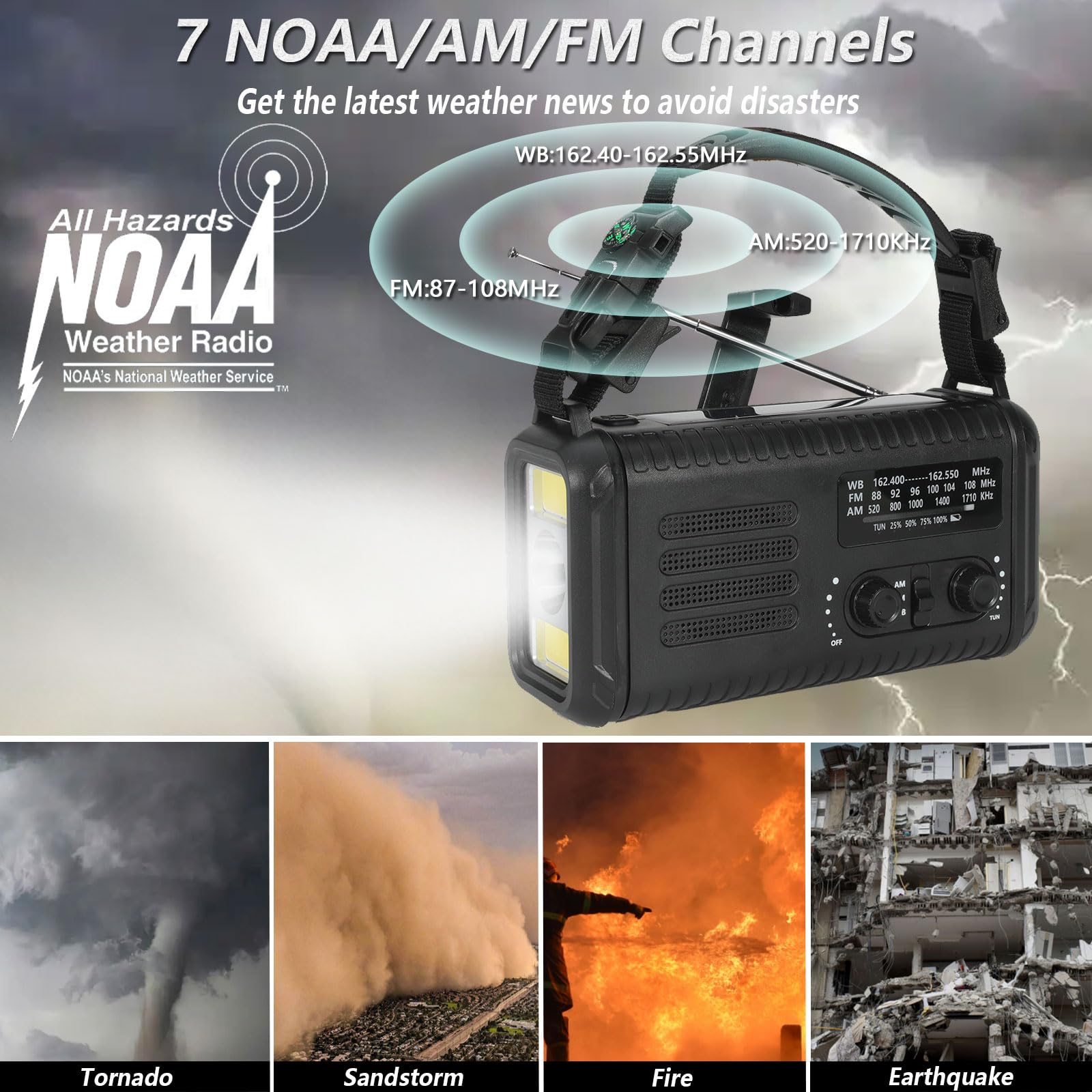 Radio meteorologica di emergenza (Condor 1) NOAA/AM/FM con radio portatile da 74000 mWh, USB-C/solare/ricarica a manovella, allarme SOS, torcia elettrica, lampada da lettura e kit di sopravvivenza per