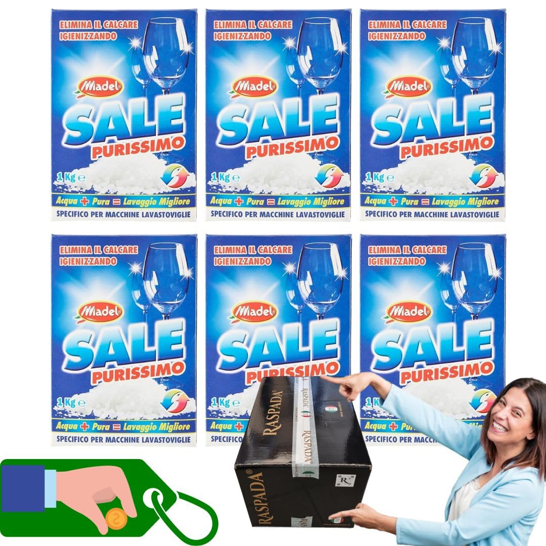 Pacchi Convenienza - Sale Purissimo - Sale Granulare, Elimina Il Calcare Igienizzando, Specifico Per Macchine Lavastoviglie - 1 kg, Polvere, Senza profumo (Conf. da 6)