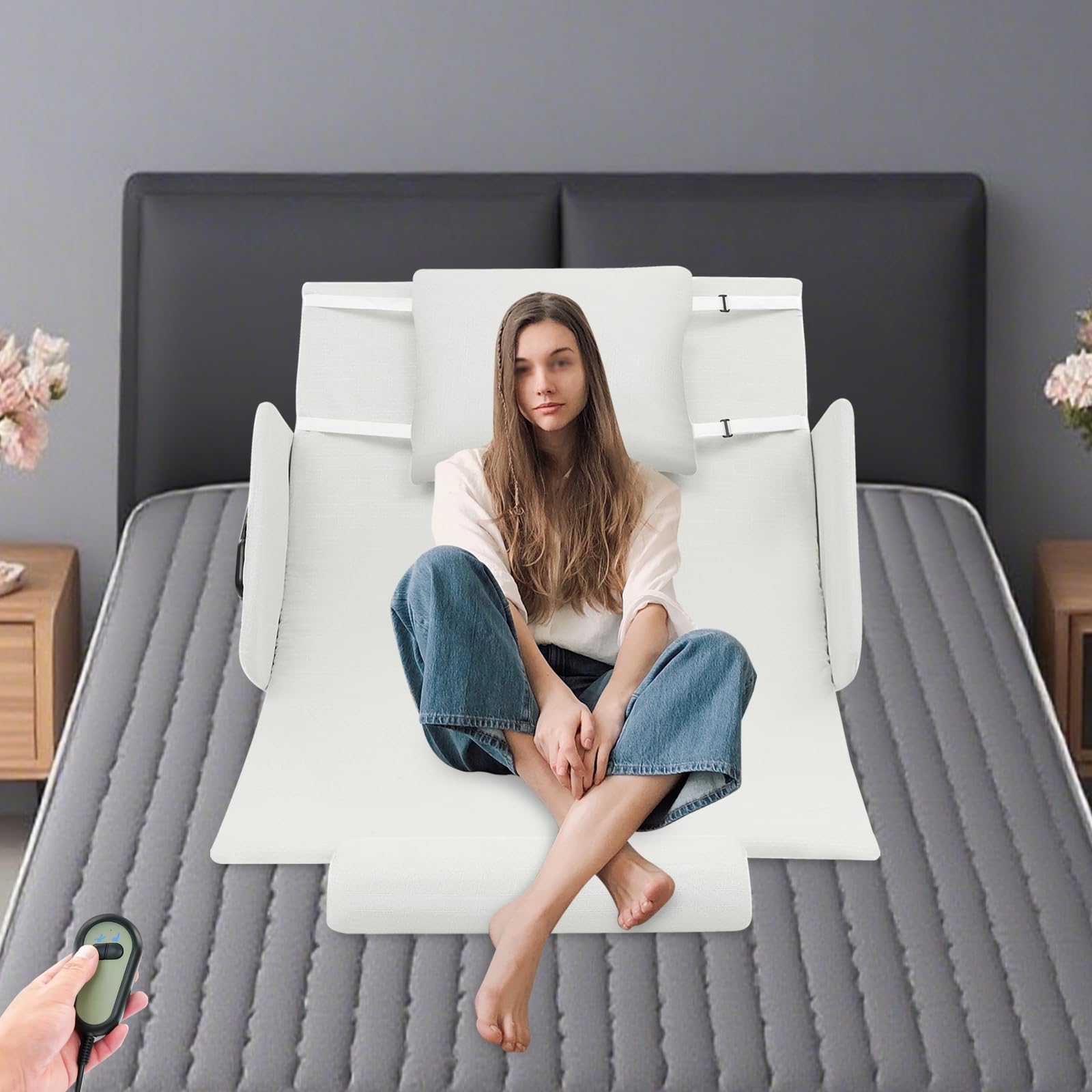 ACLICE Respaldo eléctrico ajustable 10-80° con mando a distancia, 100 kg, soporta 55 W, incluye cojín para medidores de piernas, color blanco, para ancianos, enfermería