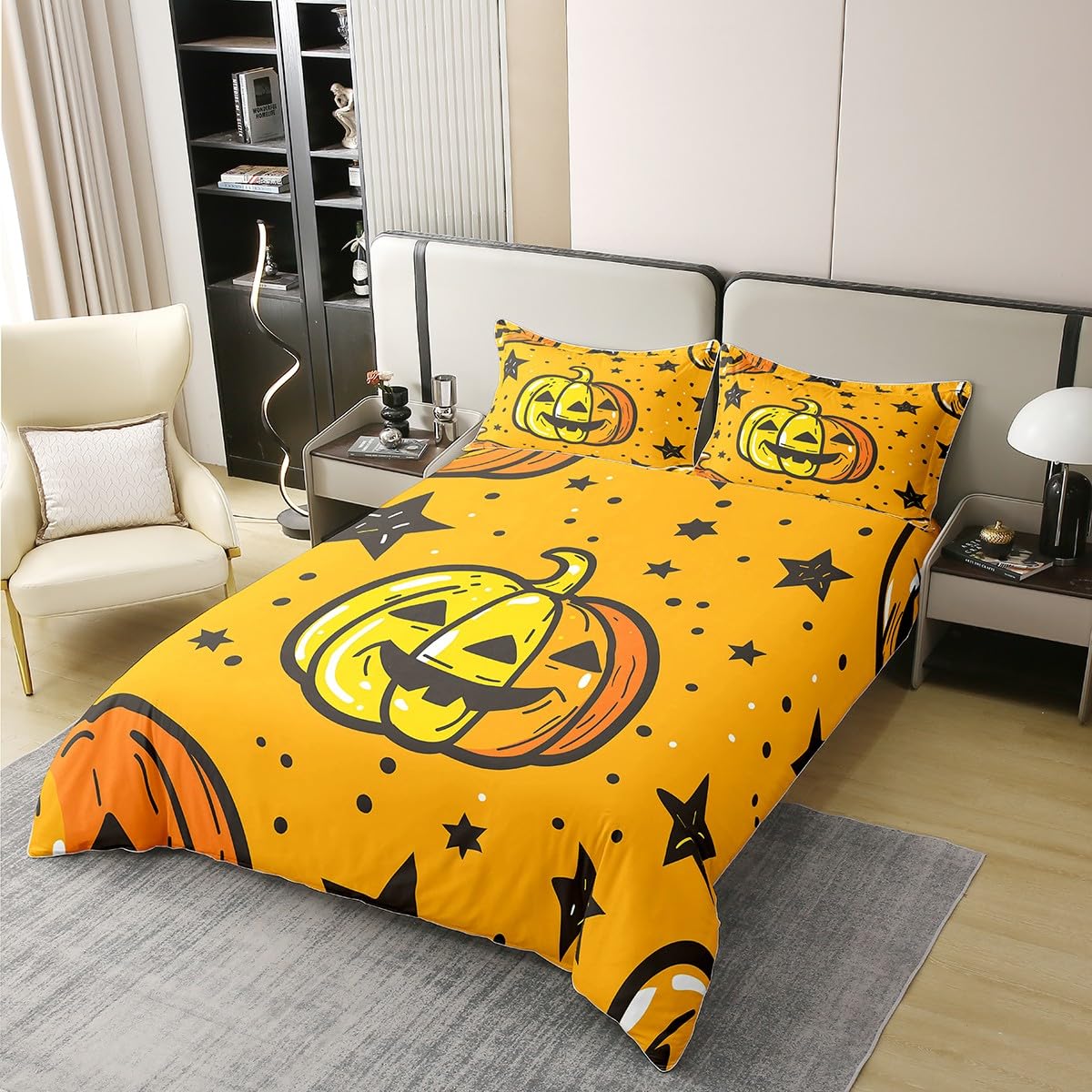 Cartoon Pumpink Yellow Duvet Cover 100% Nature Cotton King,Hand Drawn Hallowenn Pumpinks Stars Dots Comforter Cover (Not Comforter),Cartoon Kids Halloween Bedroom Gifts Super Soft Bedding