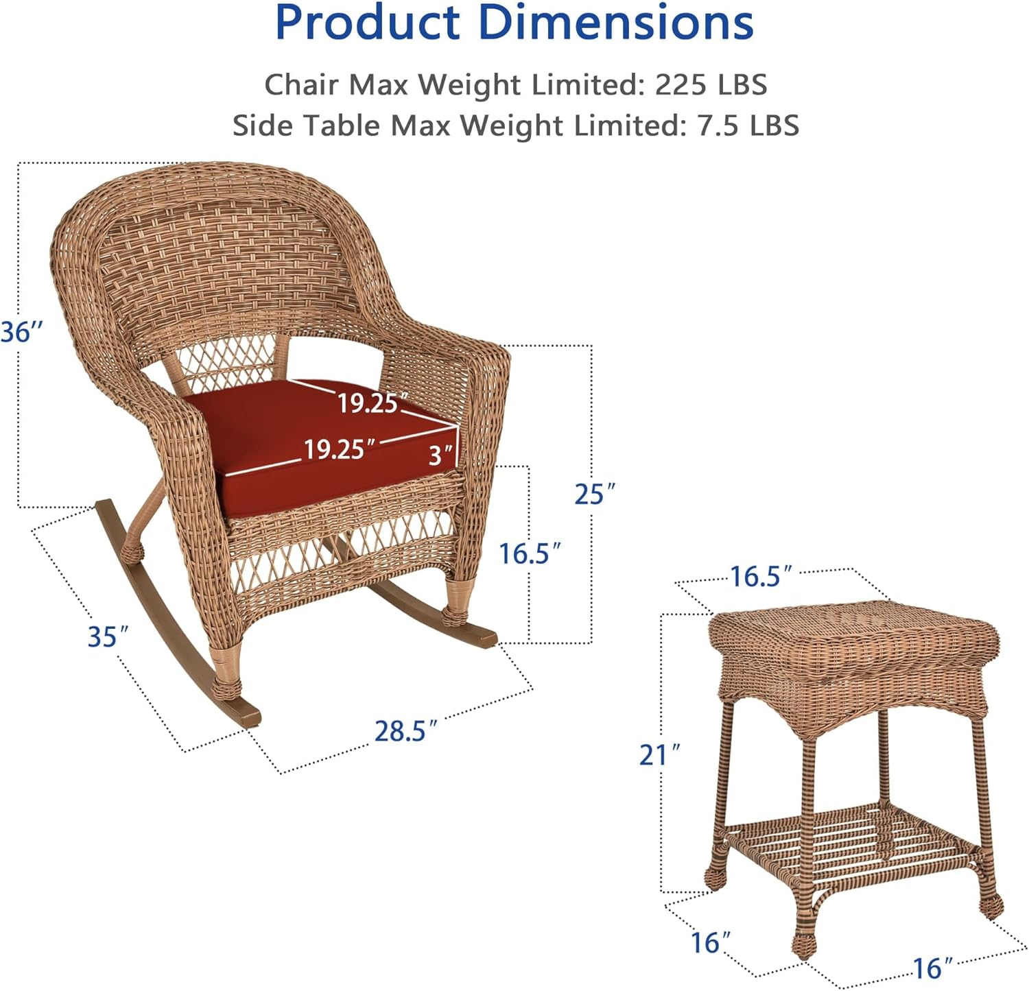 Jeco 3pc Wicker Rocker Chair Set in Honey with Red Cushion