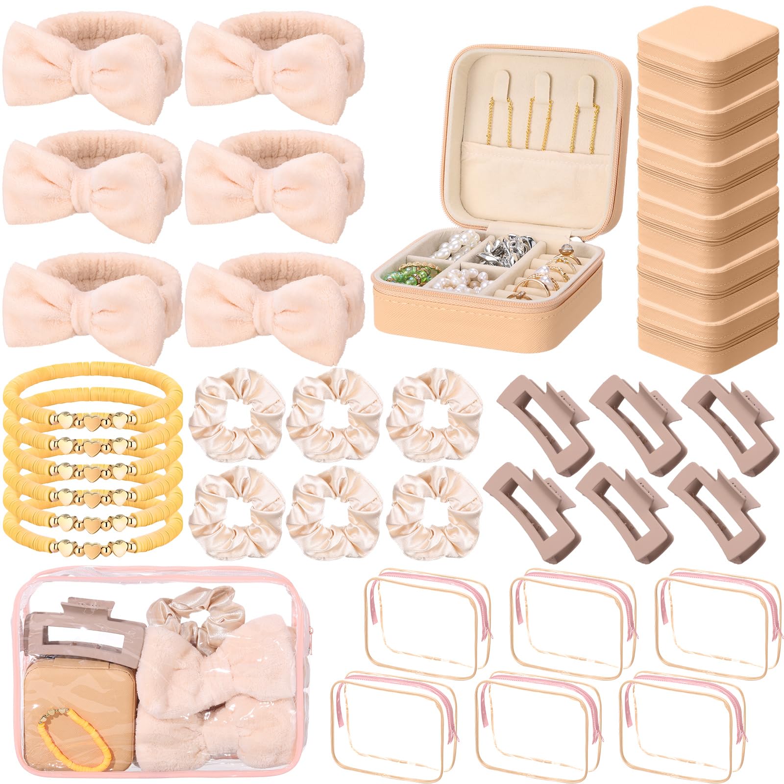Liliaafar 36 Pcs Teen Girl Party Favors Preppy Gifts Sets Bulk 6 Friendship Bracelets 6 Bow Spa Headband 6 Scrunchies 6 Hair Clip 6 Jewelry Cases 6 Makeup Bags for Women Friend Preppy Gift(Beige)