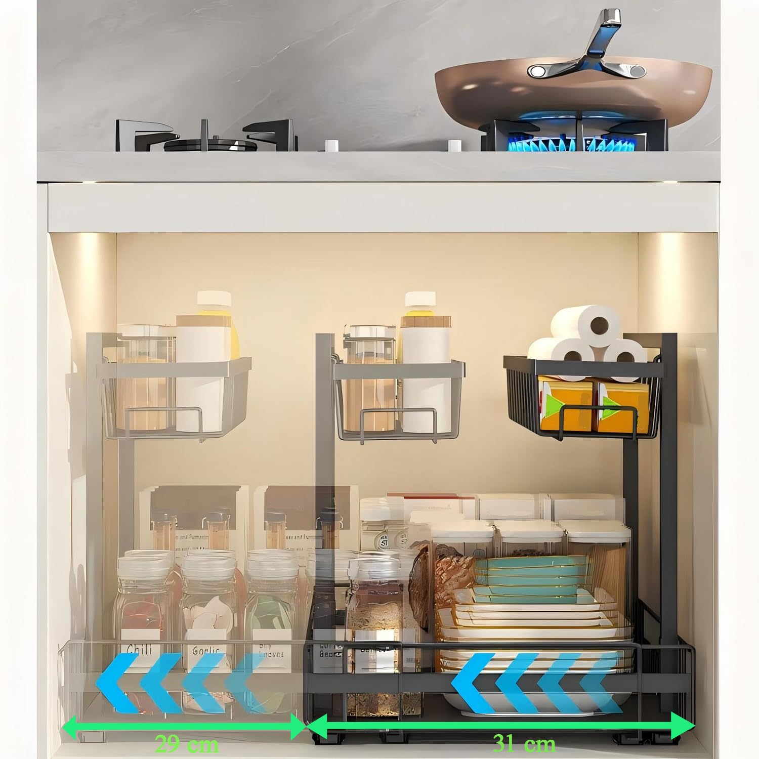 YunNasi 2 Livelli Cassetto Estraibile per Cucina, Cestelli Sottolavello, Portaoggetti e Organizzazione della Cucina, Organizzazione Sottolavello Multiuso per Bagno, Armadio, Credenza (Nero)