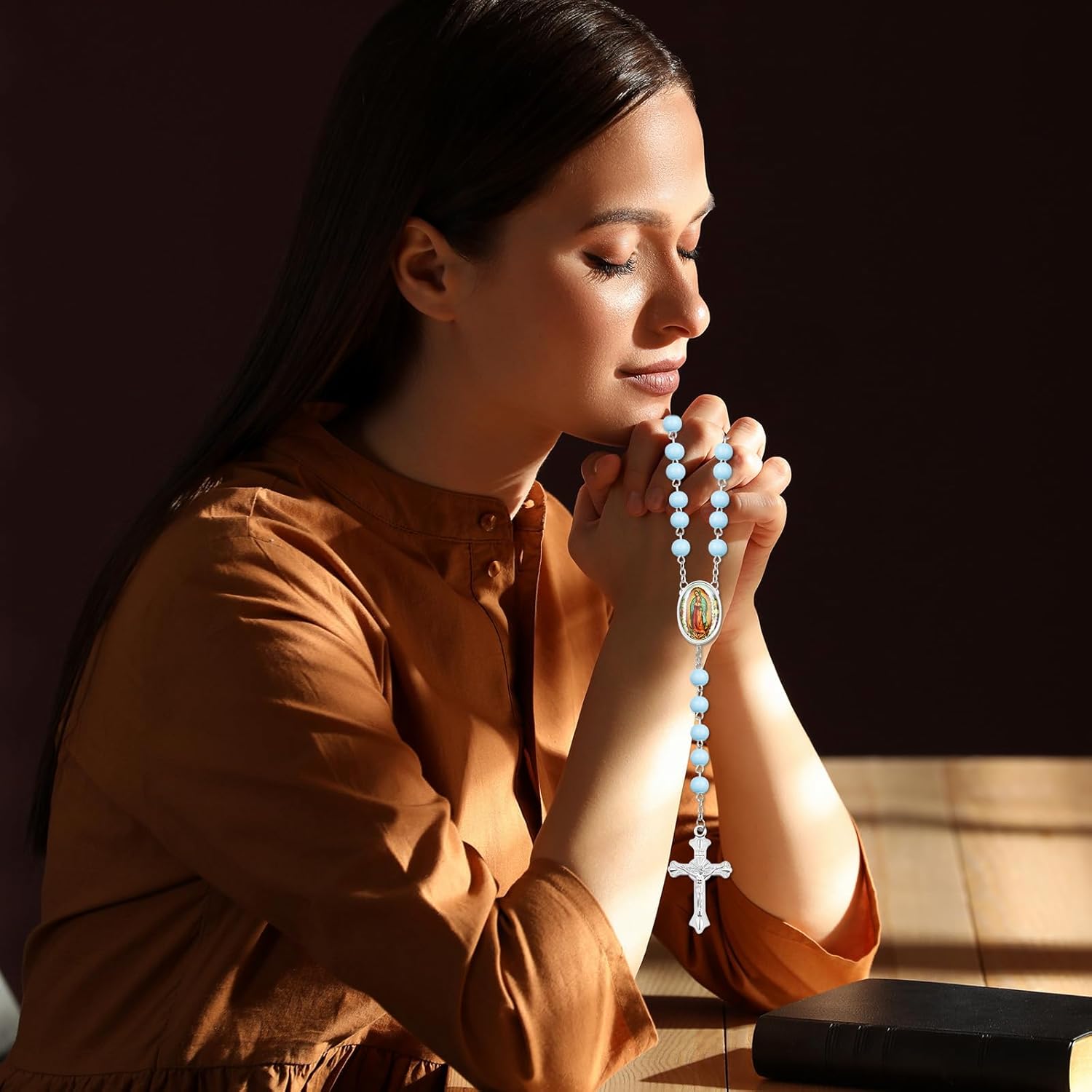 36 Pcs Wooden Bead Rosary Necklace with Crucifix and Our Lady of Guadalupe Scented First Communion Rosary with 36 Organza Bags Baptism Favors Catholic Gift for Men Women - Image 4