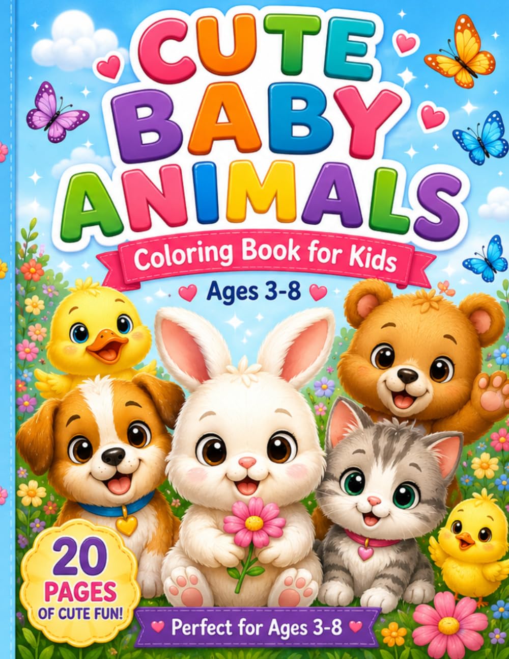 Cute Baby Animals Coloring Book for Kids: Adorable Puppies, Kittens, Bunnies, Bears, Farm Animals & More Fun Coloring Pages for Children Ages 3-8