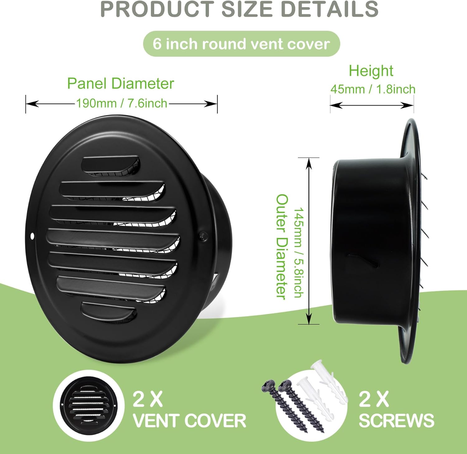 Round Soffit Vent 6 Inch, FocuVenHom Black Stainless Steel Wall Vent Grille Air Vent Cover with Built-in Fine Mesh for Garage, Apartment (150mm - 2PCS)