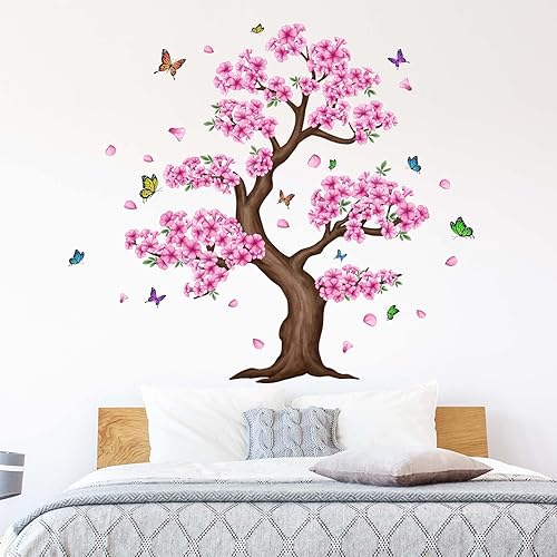 Miniatura 3 de PinkEleph Calcomanías de pared grandes de árbol de flores rosadas, calcomanías de pared de árbol floral de flores rosadas, dormitorio, sala de