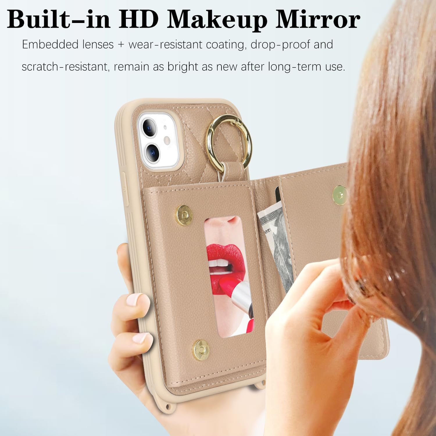 for iPhone 11 Case with Card Holder and Strap for Women,Crossbody Lanyard, Make Up Mirror,Ring Stand,Snap Clasp,Cute Phone Wallet Cases 6.1 inch - Off-White