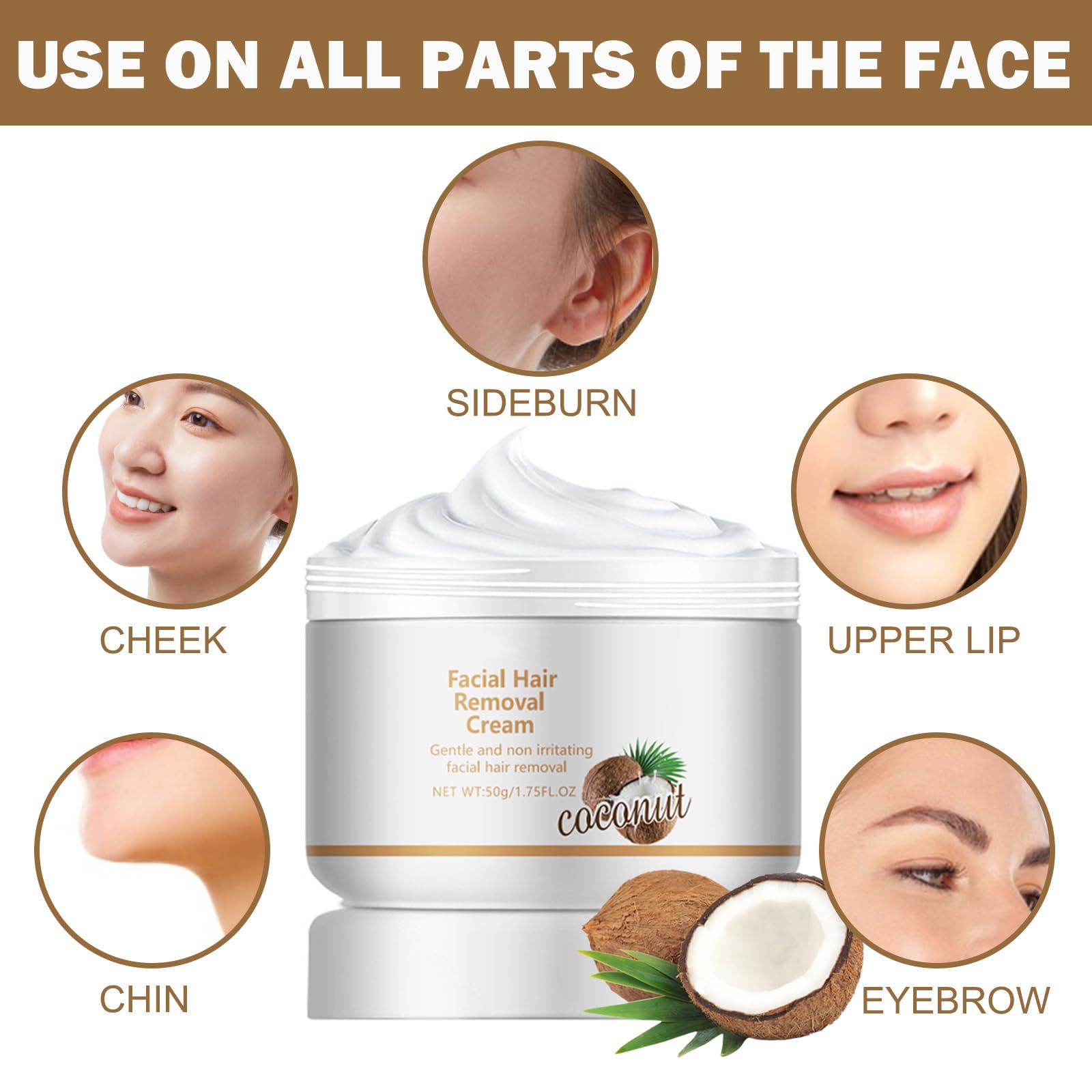 Crema depilatoria facial y crema de depilación corporal para mujeres, removedor de coco para labio superior y barbilla, removedor de vello facial para piel sensible corporal, suave y no irritante (2 4