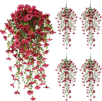 EROCK Artificial Flowers for Outdoors, 4PCS Fake Silk Hanging Flowers for Decoration UV & Fading Resistant, Realistic Faux Plants & Flowers for Porch Patio Balcony Window Box Home Decor Rose Red