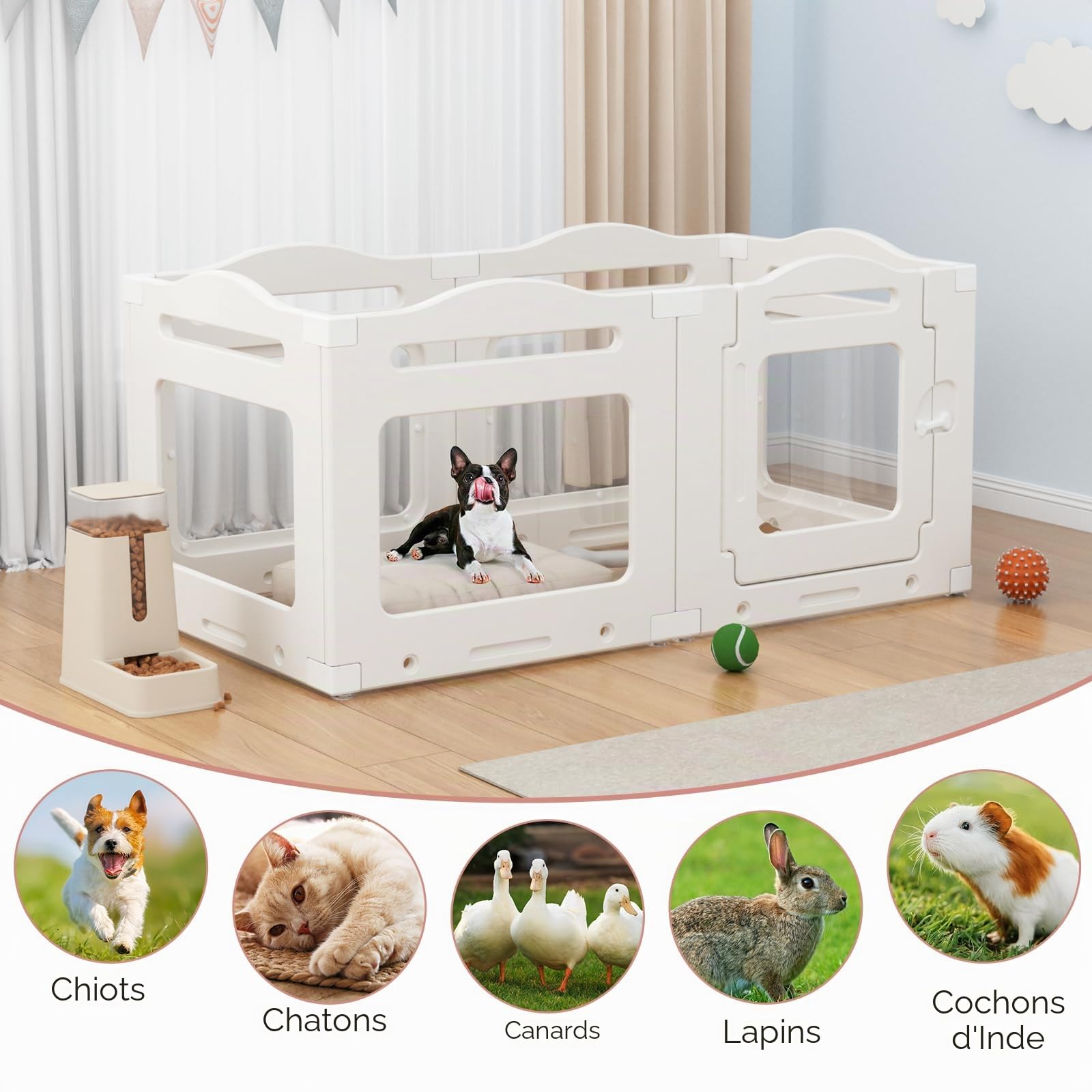 Clevich Enclos pour Chien en Acrylique 129 × 68 × 60 cm, 5 PCS +1 Panneaux avec Porte à Verrou, Clôture d'Intérieur Parc Chien Interieur, Pliable avec Ventouses, adapté aux Appartements, Blanc