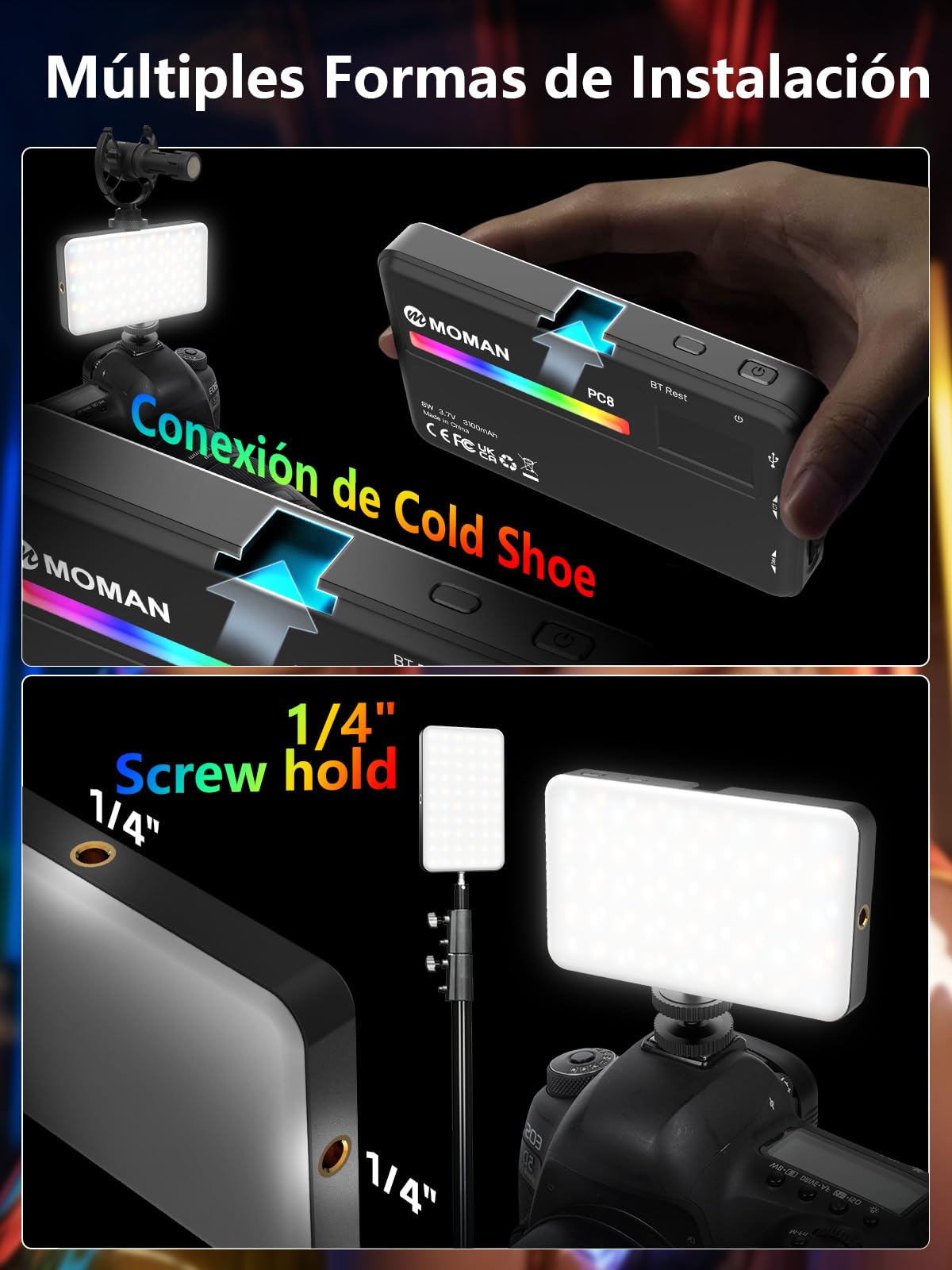 Moman PC8 Antorcha LED RGB Fotografia Portátil de 125g con Batería Recargable Iluminación Vídeo para DSLR Reflex, Foco-Cámara-Antorcha-Video-Led