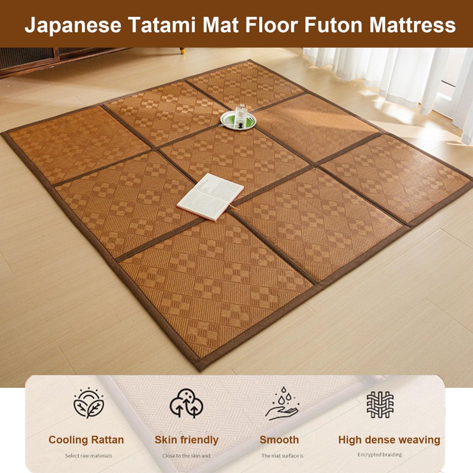 Tapete Tatami Colchoneta Japonesa Colchón de Suelo Alfombrilla de Gateo(Brown,180x200cm)