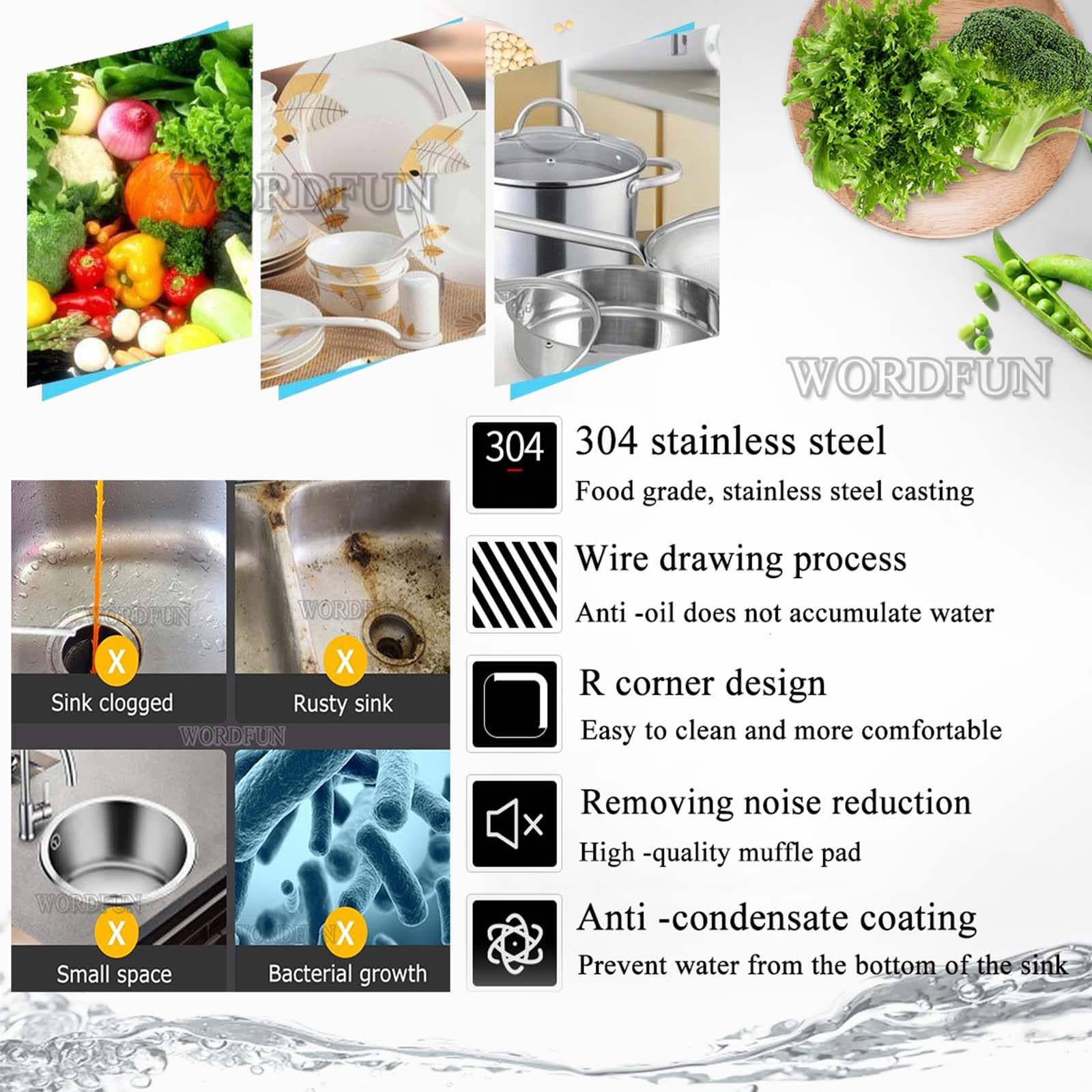 WORDFUN Lavello da Cucina Professionale, Lavello Lavanderia, Lavello Commerciale, Lavello in Acciaio Inossidabile, Cucine da Esterno, Lavamani Industriale, Lavello Completo di Mobile