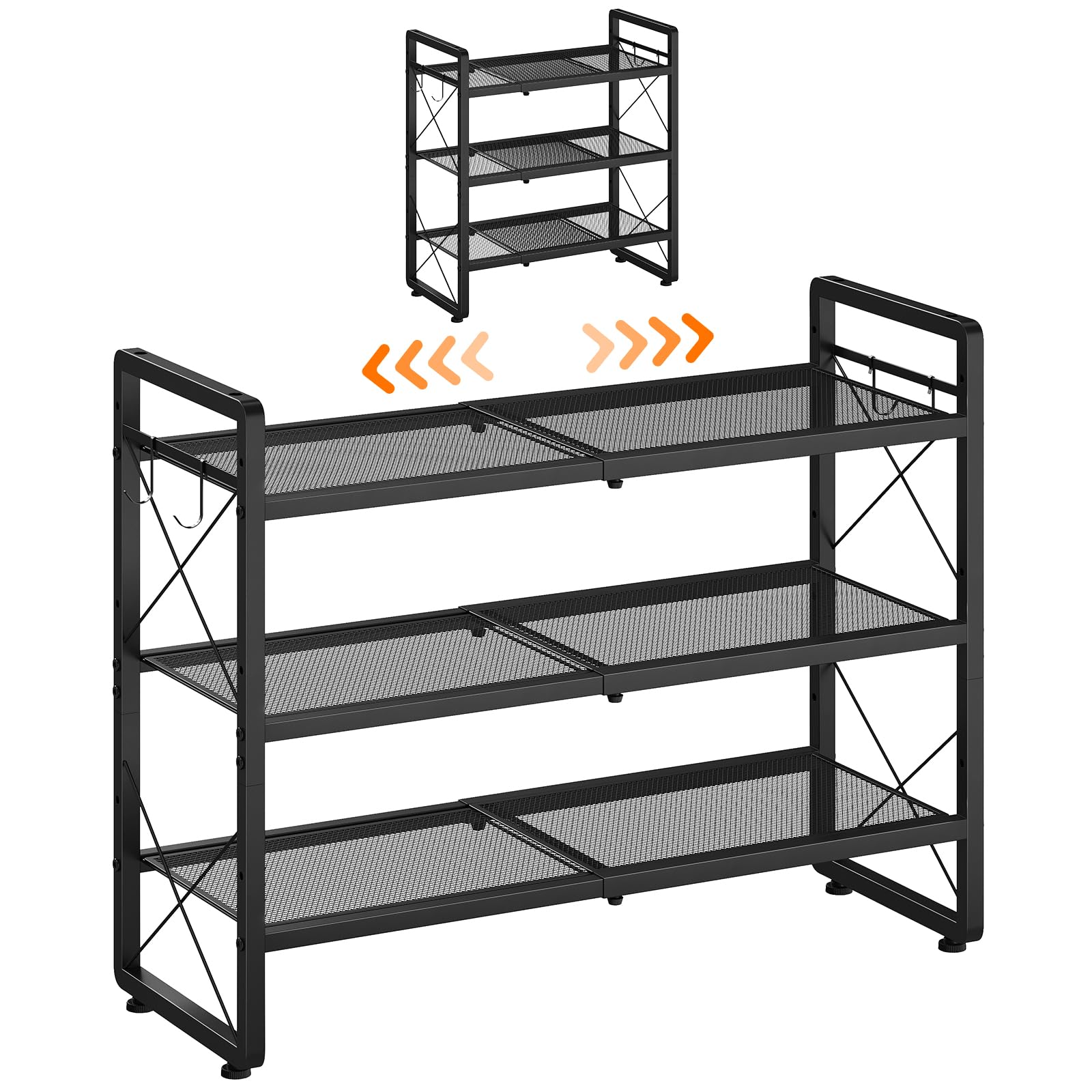 ELYKEN 3 Tier Extendable Shoe Rack, Shoe Storage Rack Stackable with 4 Hooks, Adjustable Metal Shoe Stand for Closet, Hallway & Entryway – Extends 18.5 to 31.7 Inches, Black