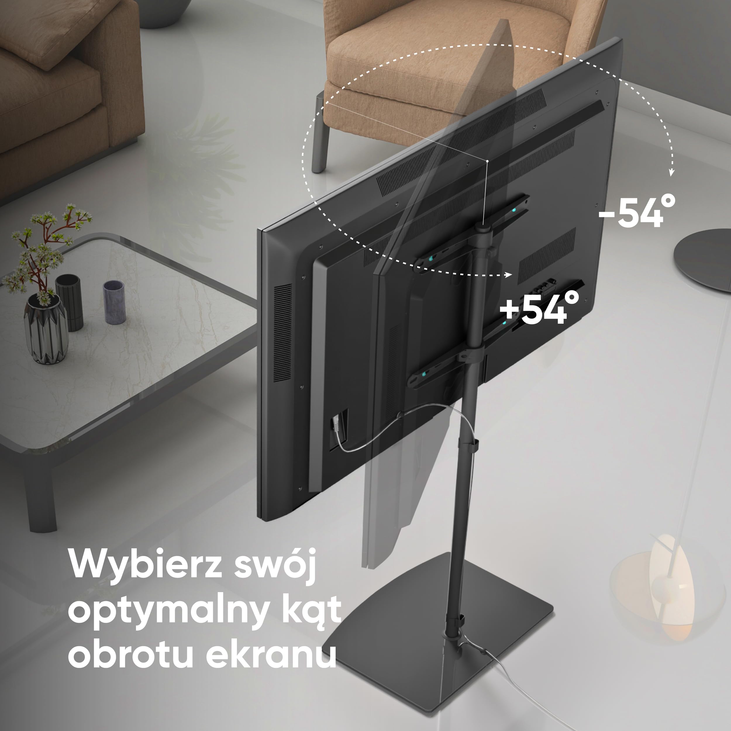 ONKRON Stojak podłogowy do telewizora od 30" do 60" do 41 kg - Stojak TV z regulacją wysokości i obrotowy - Uniwersalny stojak pod telewizor VESA - Stojak TV ze szkła w kolorze czarnym TS5065-B