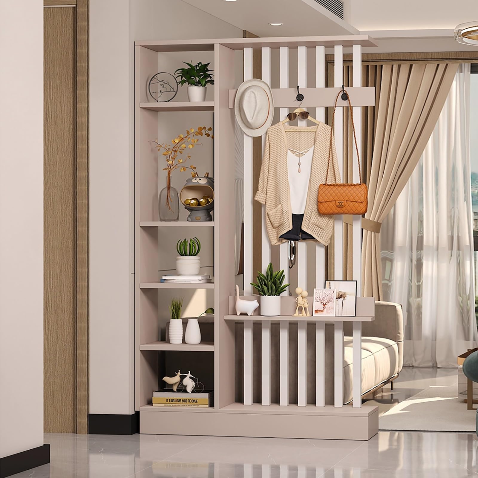 Entrance Hall Partition Screen Column Floor to Ceiling,Freestanding Room Divider with Shelves for the Living Room,Modern Wood Room Divider,Privacy Screens Room panel Post(Champagne white,120CM/47.2in)