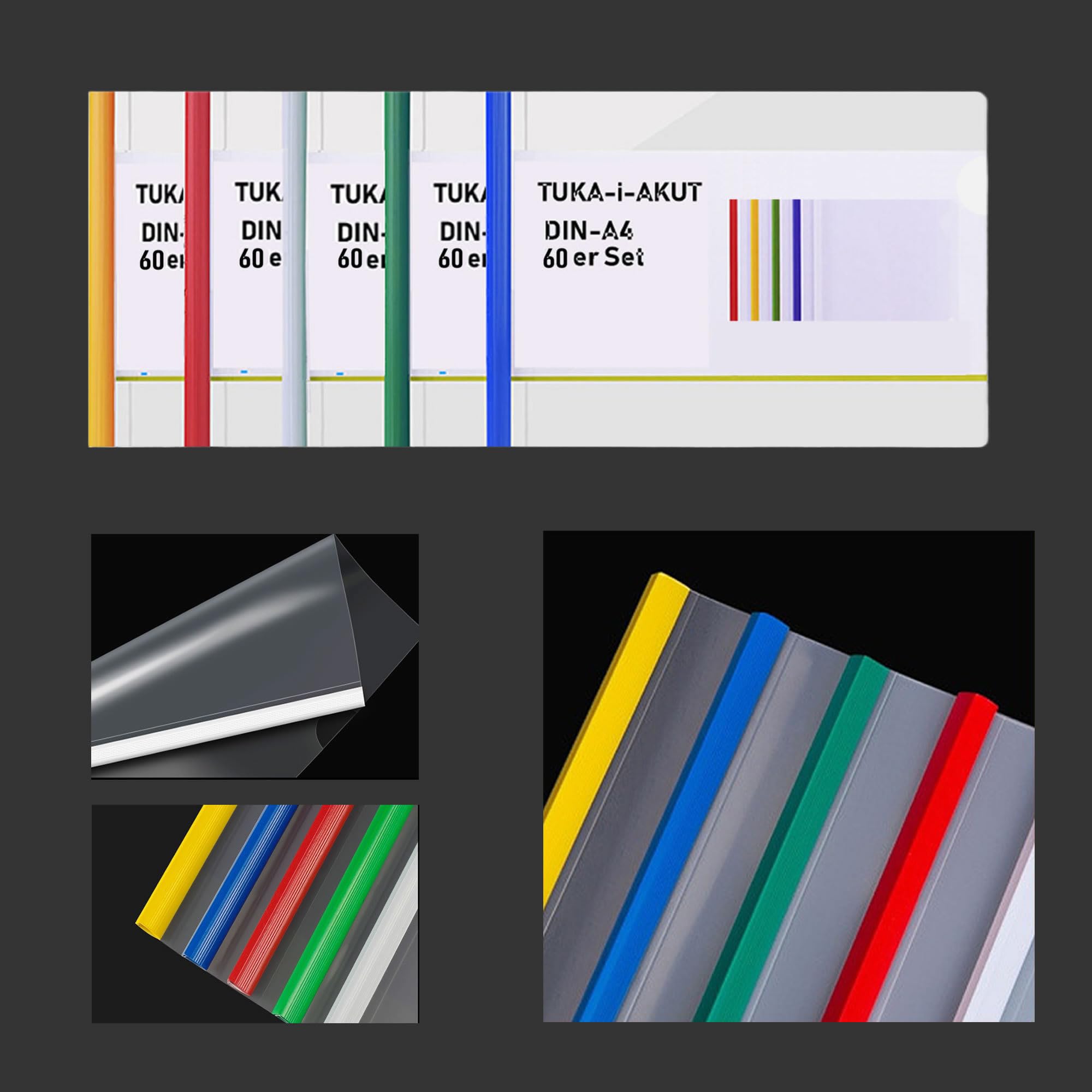 TUKA-i-AKUT 60pz PP Carpeta de Barra Deslizante, A4 Horizontal Transparentes Carpeta de Sujeción, Carpetas Estilo Dossier de Documentos, 60 Unidades, Barra Deslizante Multicolor, TKD8040-bunt-60x
