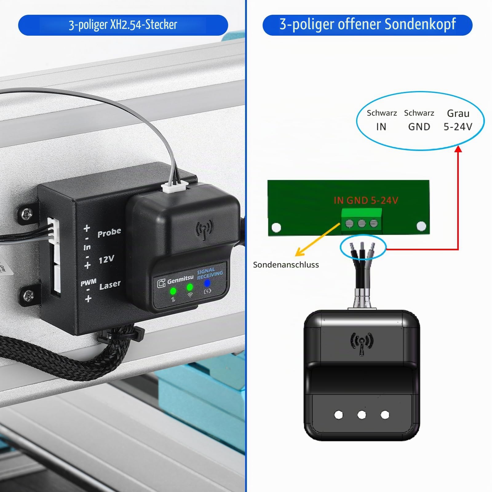 Genmitsu Funk-Z-Achsen-Tastkopf für CNC-Fräsmaschinen, Werkzeugeinstellungs-Tastkopf mit 3-poligem Kabel (5–24 V DC), 0,02 mm Genauigkeit, kompatibel mit GRBL, Mach3 und der Genmitsu App