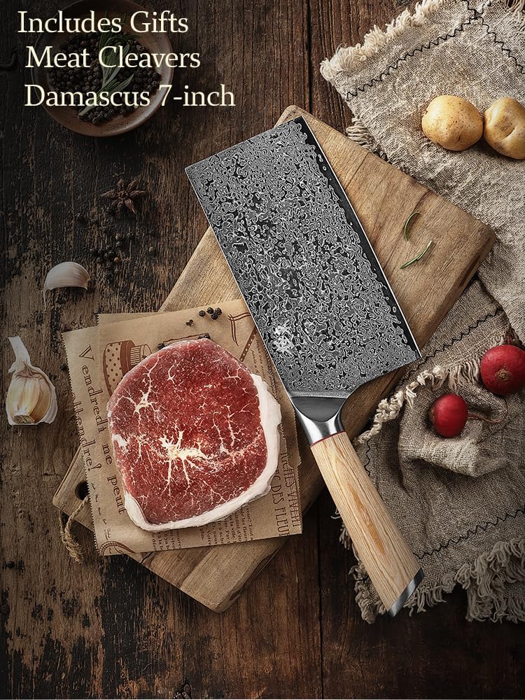Generic DongSunZuo 67 layers Damascus 7inch meat Cleavers，Chinese Chef's Knife，Kitchen Knife，vegetable knives，PAKKA Handle, 10Cr15CoMoV Steel Core, with Black Walnut Sheath Gifted…, Silver