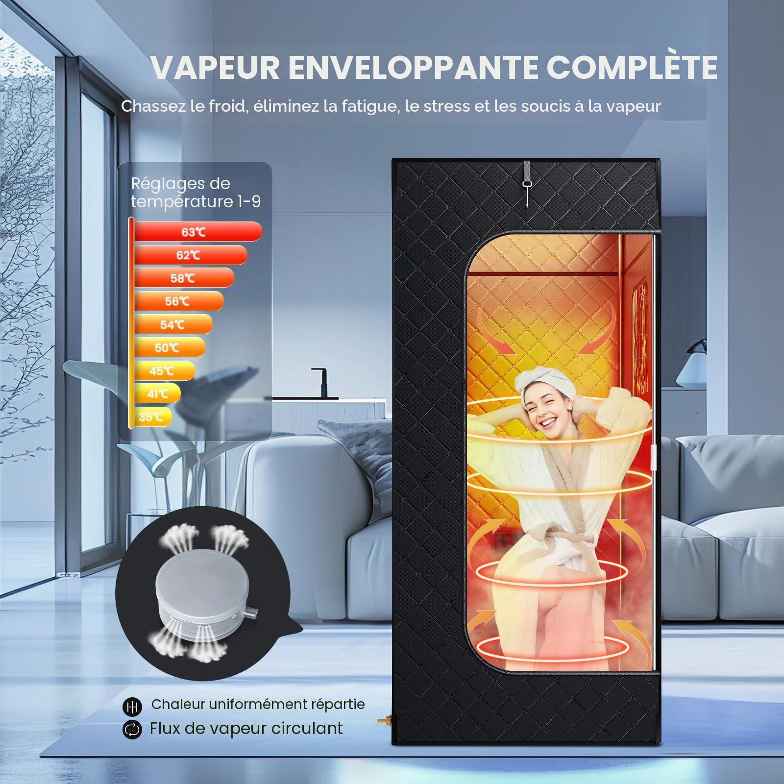 Sauna Tent,Sauna Exterieur,Sauna pour la Maison,3 min de Chauffage Rapide et 9 Niveaux de Chaleur,Vapozone Portable avec 2.6L Steamer, Chaise Pliante, Télécommande 180×80×80 CM