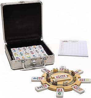 RNK Gaming Mexican Train Dominoes Set Double 12 Color with Numbers and Wooden Hub 8 Metal Trains and Aluminum Case