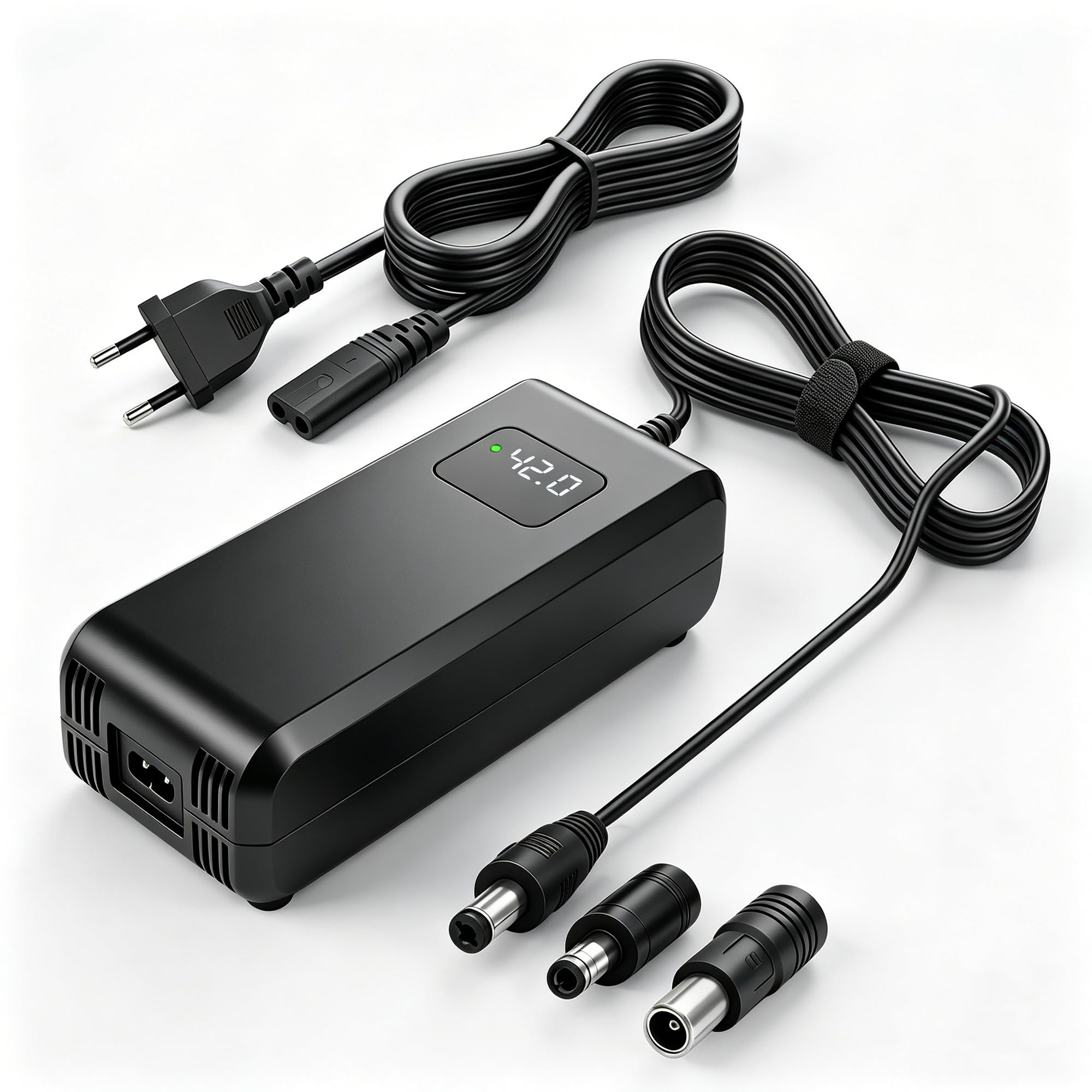 Chargeur 42V 5A pour Batterie Lithium 36V de vélo électrique | Écran indicateur de tension, ventilateur intégré, connecteurs DC 5,5x2,5/2,1mm et RCA 8mm inclus