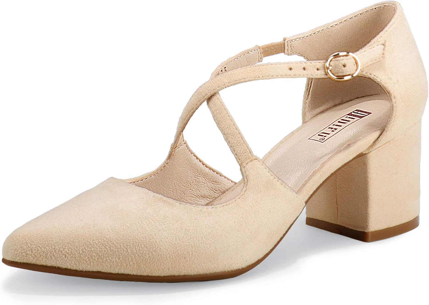 IDIFU Women's Lynn Dress Low Heeled Pumps Closed Pointed Toe Block Chunky Heel Cross Strap Wedding Bridal Party Office Shoes