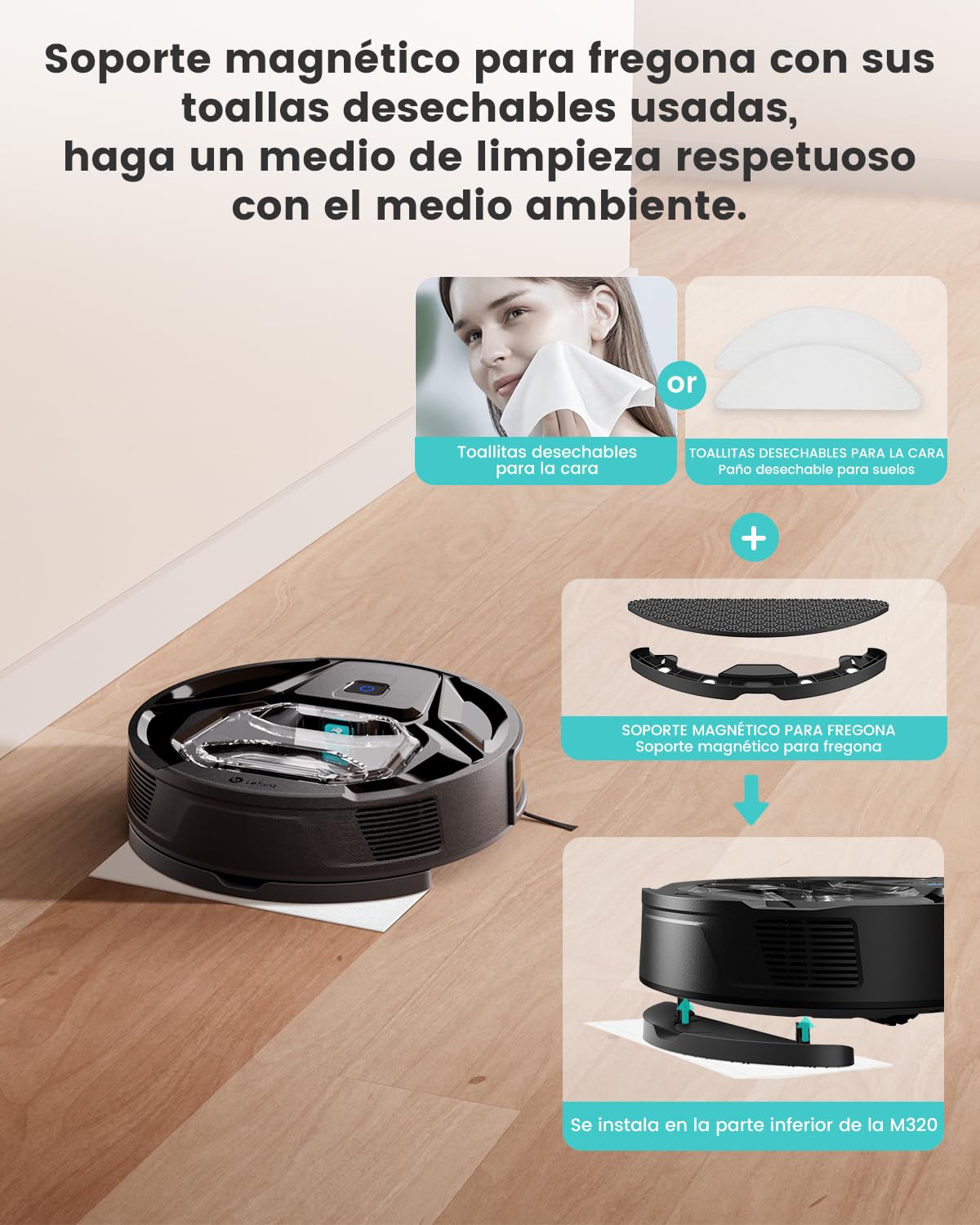 Lefant M320 Robot 3-en-1, Aspira 6000Pa y Friega, Navegación Precisa, 800ml Tanque, 210min, WiFi/App, Ideal para Mascotas