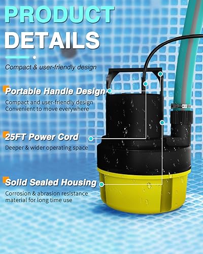 Miniatura 5 de Bomba de sumidero sumergible de 1 HP, bomba utilitaria de 3200 GPH, bombas de agua eléctricas de transferencia portátil con cable de 25 pies para